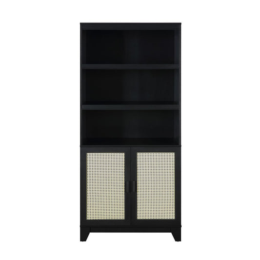 Manhattan Comfort Sheridan Modern Cane Bookcase with Adjustable Shelves in Black