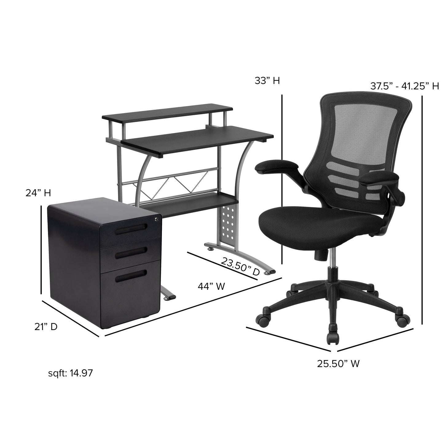 Black Desk, Chair, Cabinet Set BLN-CLIFAPPX5-BK-GG