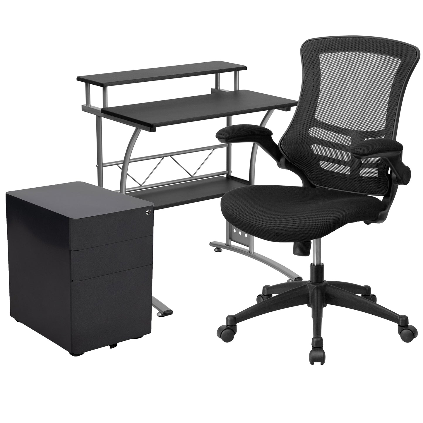 Black Desk, Chair, Cabinet Set BLN-CLIFCHPX5-BK-GG