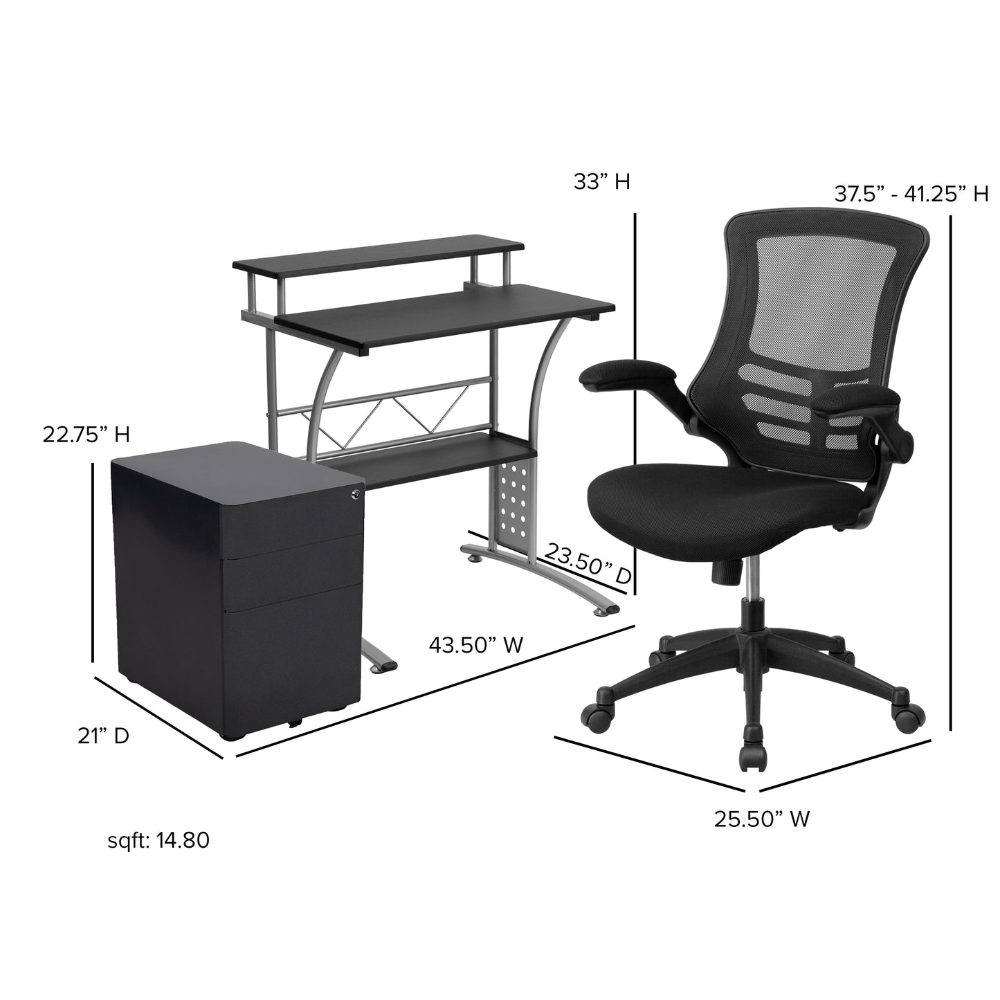 Black Desk, Chair, Cabinet Set BLN-CLIFCHPX5-BK-GG