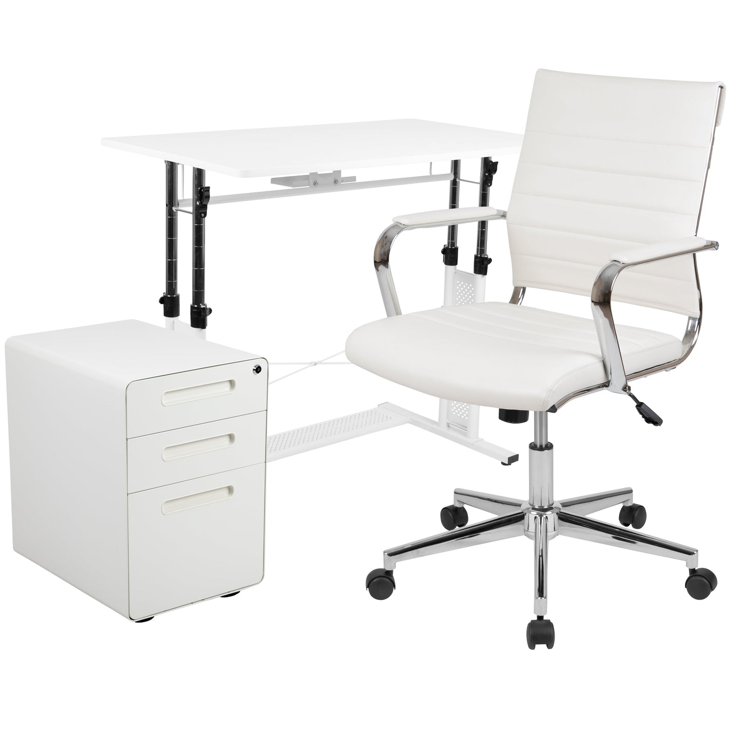 White Desk, Chair, Cabinet Set BLN-NAN219AP595M-WH-GG