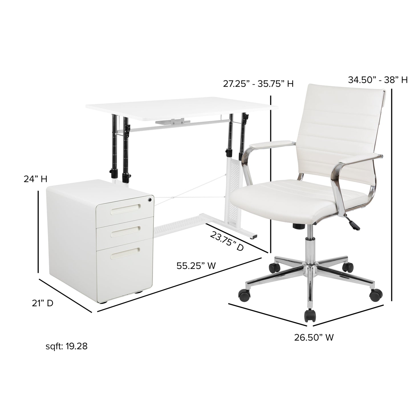 White Desk, Chair, Cabinet Set BLN-NAN219AP595M-WH-GG