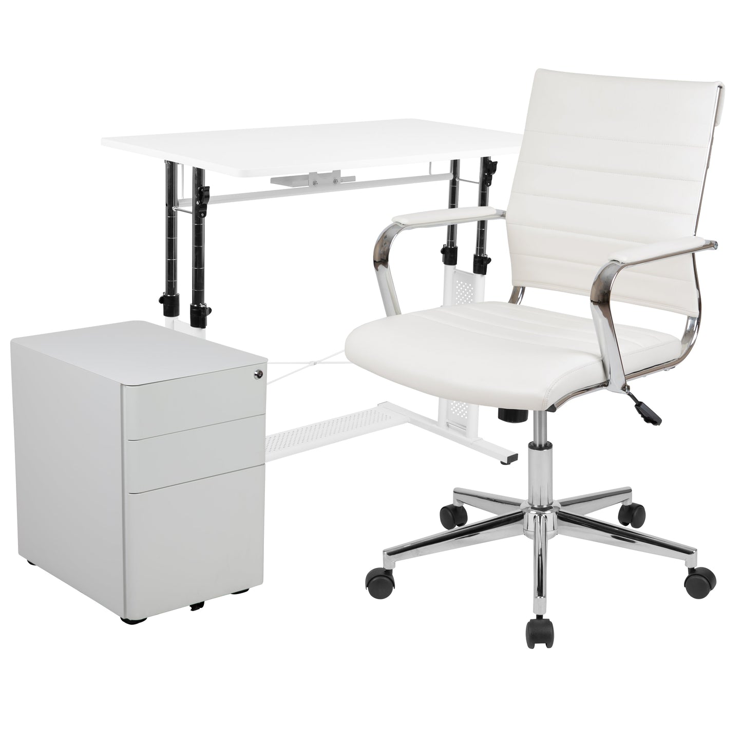 White Desk, Chair, Cabinet Set BLN-NAN219CHP595M-WH-GG