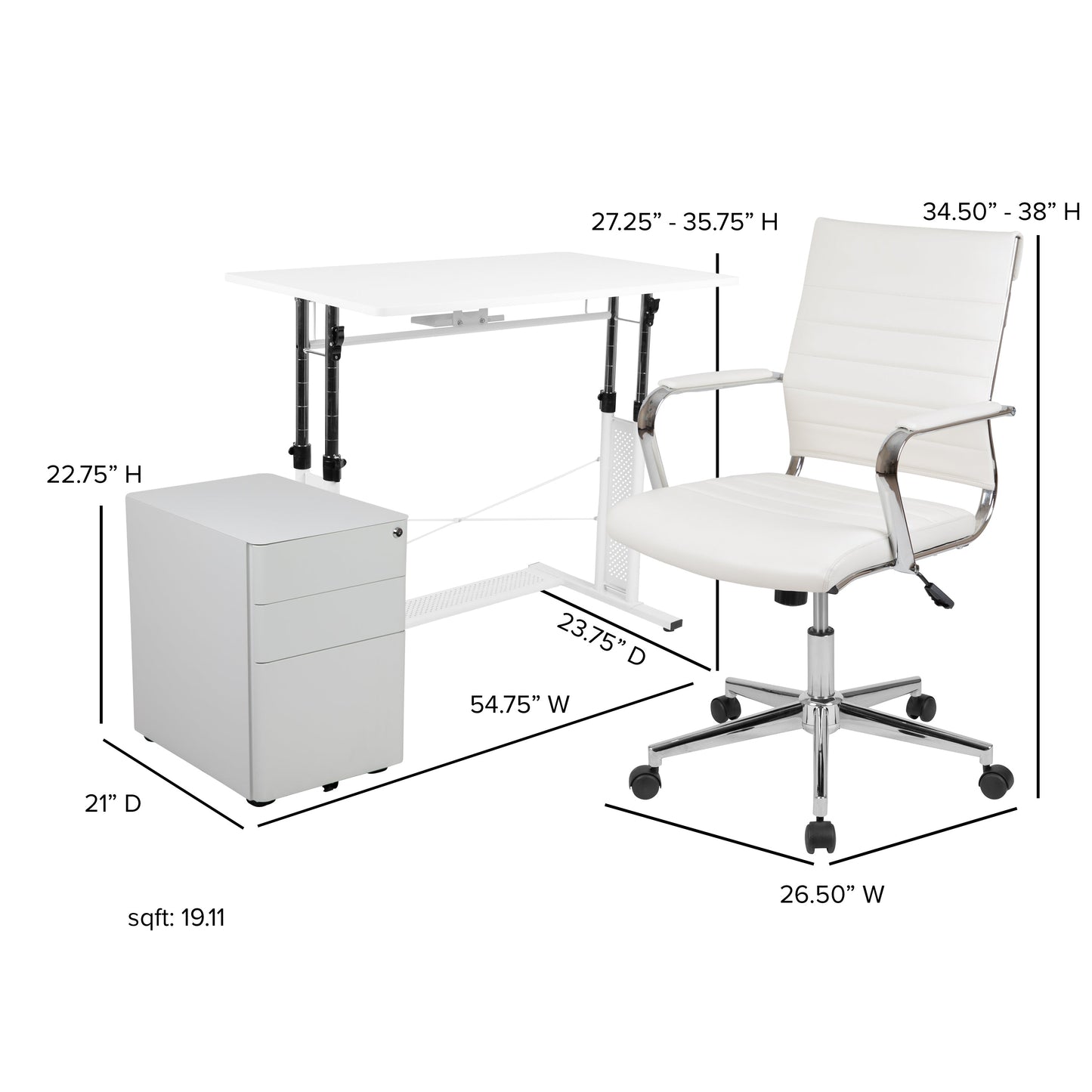 White Desk, Chair, Cabinet Set BLN-NAN219CHP595M-WH-GG