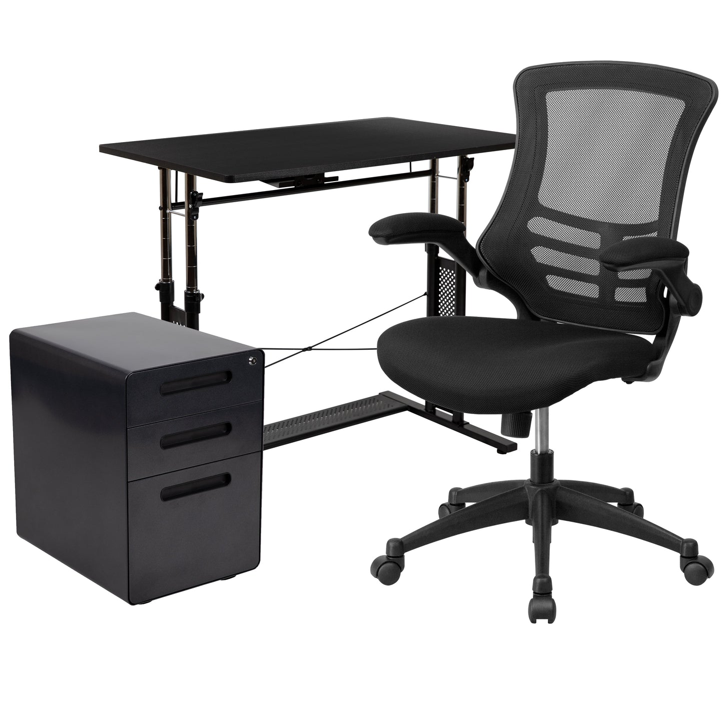 Black Desk, Chair, Cabinet Set BLN-NAN21APX5L-BK-GG