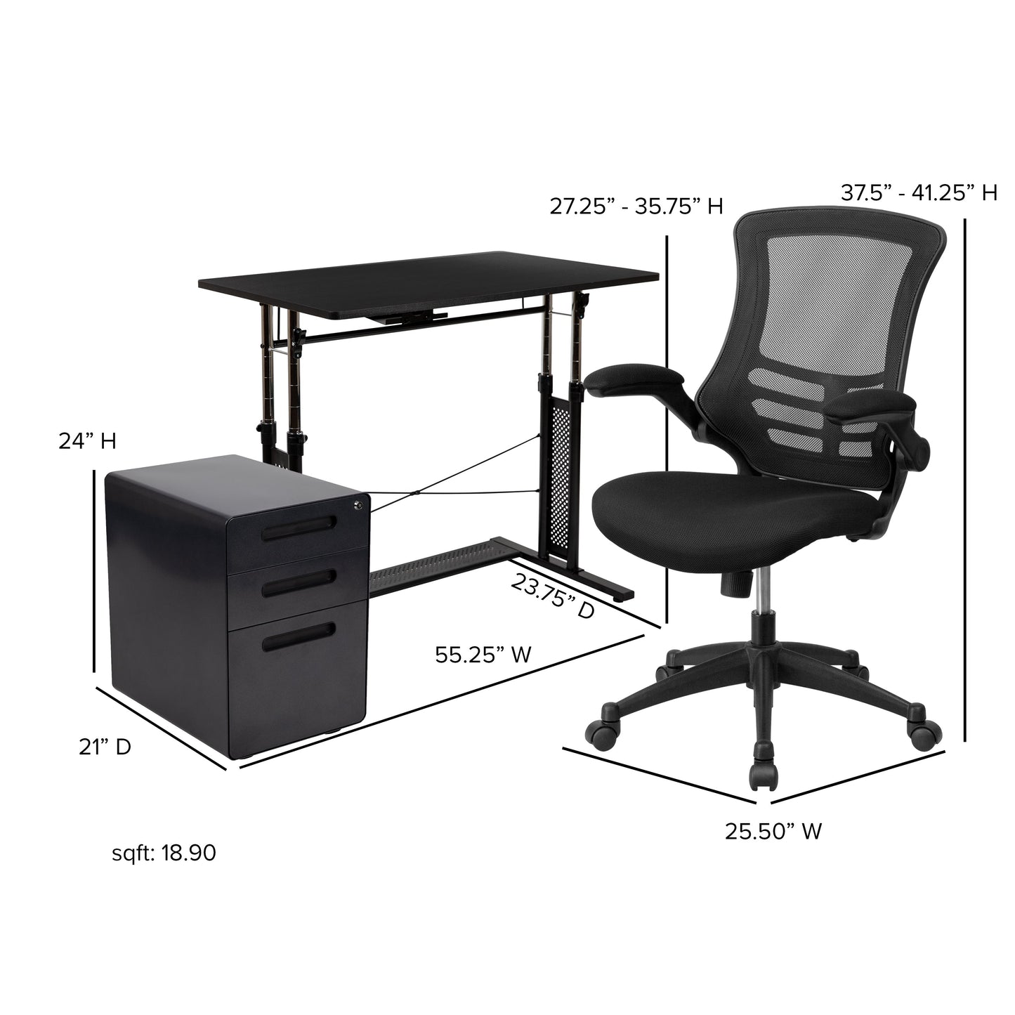 Black Desk, Chair, Cabinet Set BLN-NAN21APX5L-BK-GG