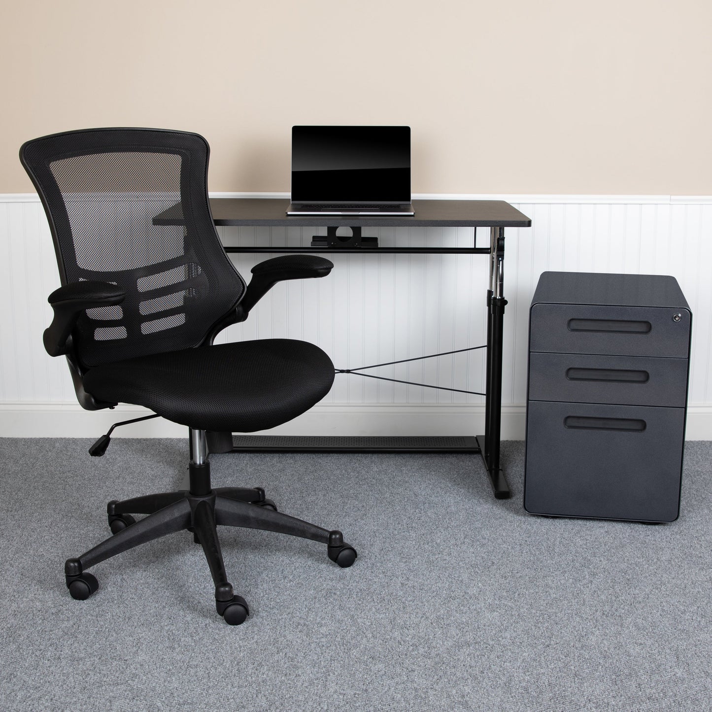 Black Desk, Chair, Cabinet Set BLN-NAN21APX5L-BK-GG