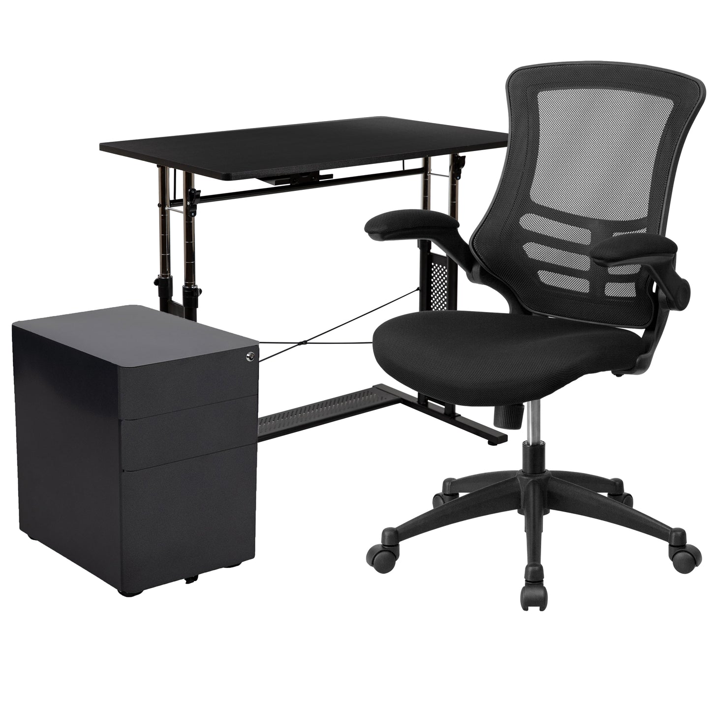 Black Desk, Chair, Cabinet Set BLN-NAN21CPX5L-BK-GG