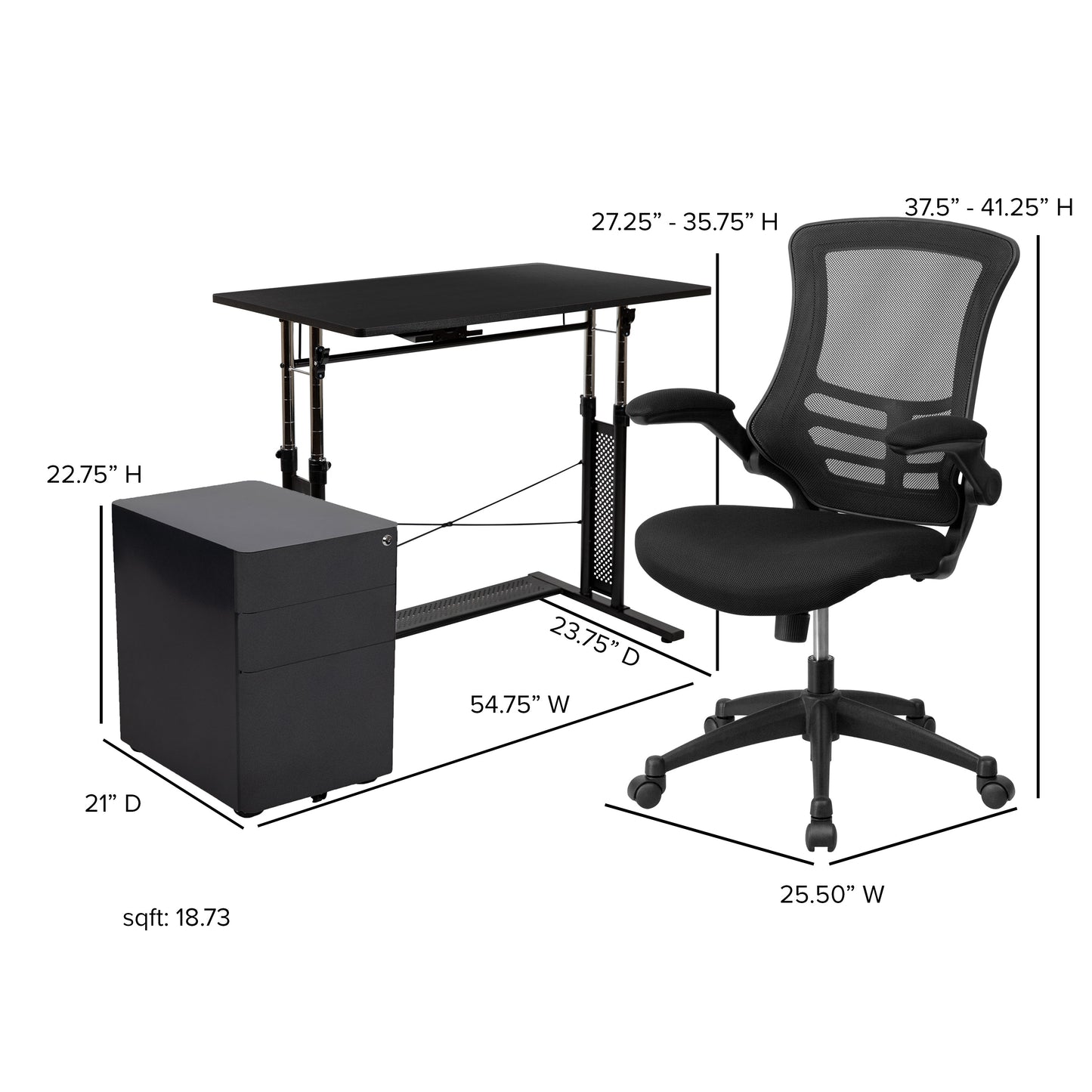 Black Desk, Chair, Cabinet Set BLN-NAN21CPX5L-BK-GG