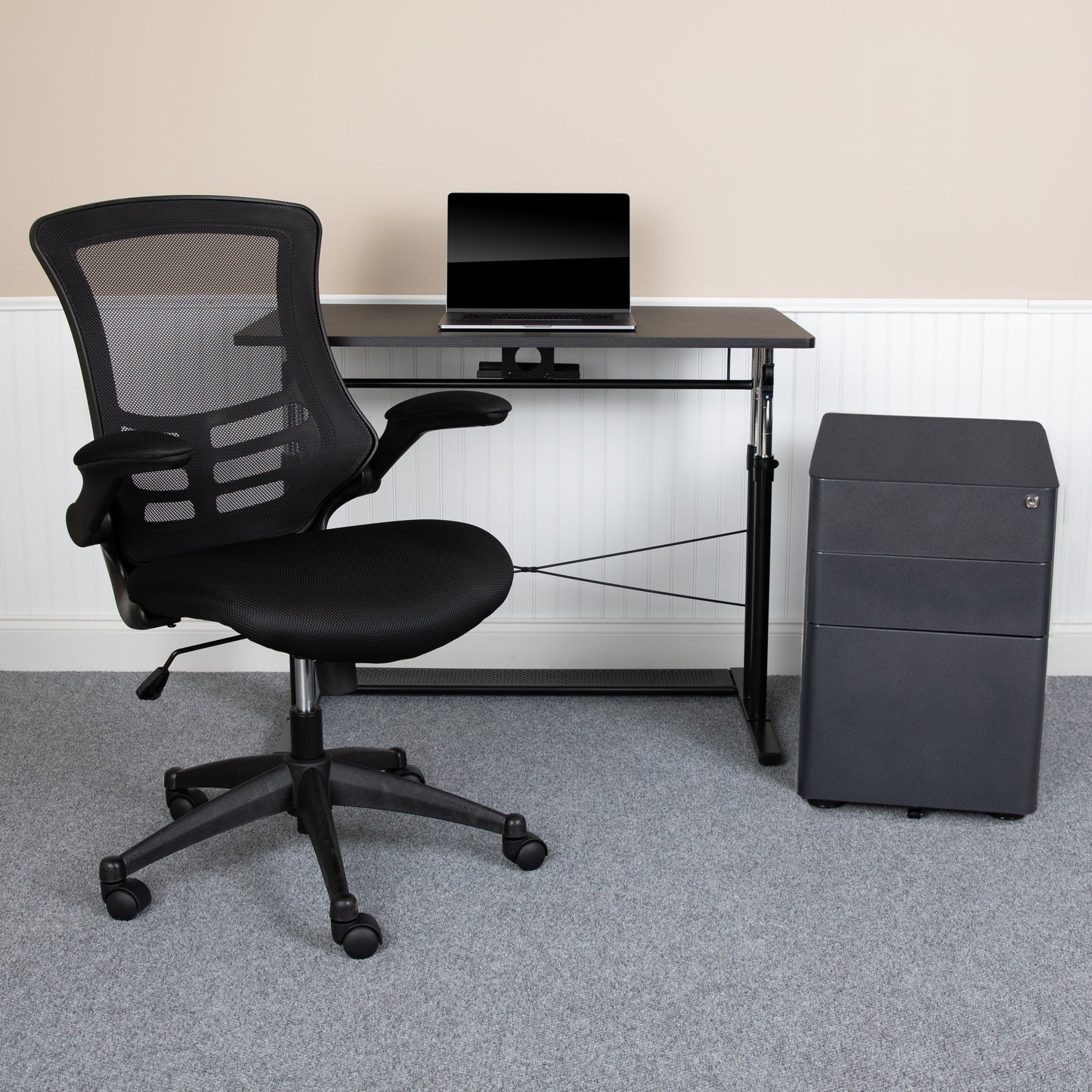 Black Desk, Chair, Cabinet Set BLN-NAN21CPX5L-BK-GG