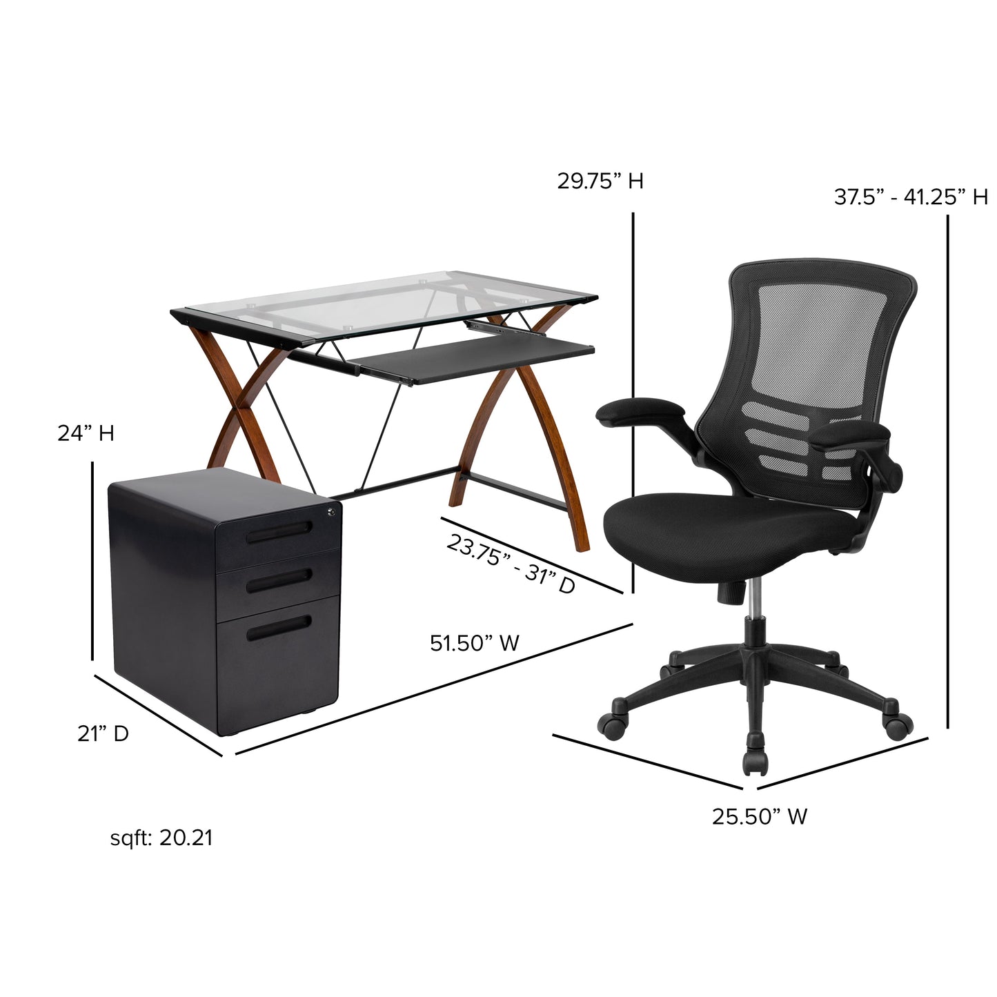 Glass Desk, Chair, Cabinet Set BLN-NAN28APX5-BK-GG