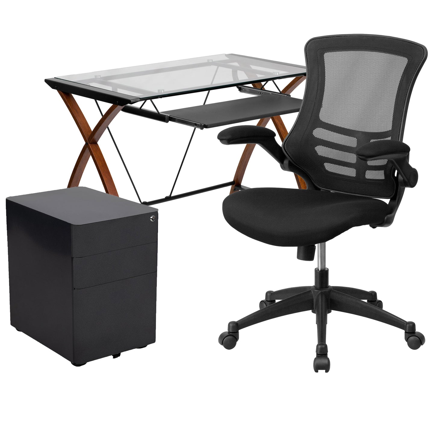 Black Desk, Chair, Cabinet Set BLN-NAN28CHPX5-BK-GG