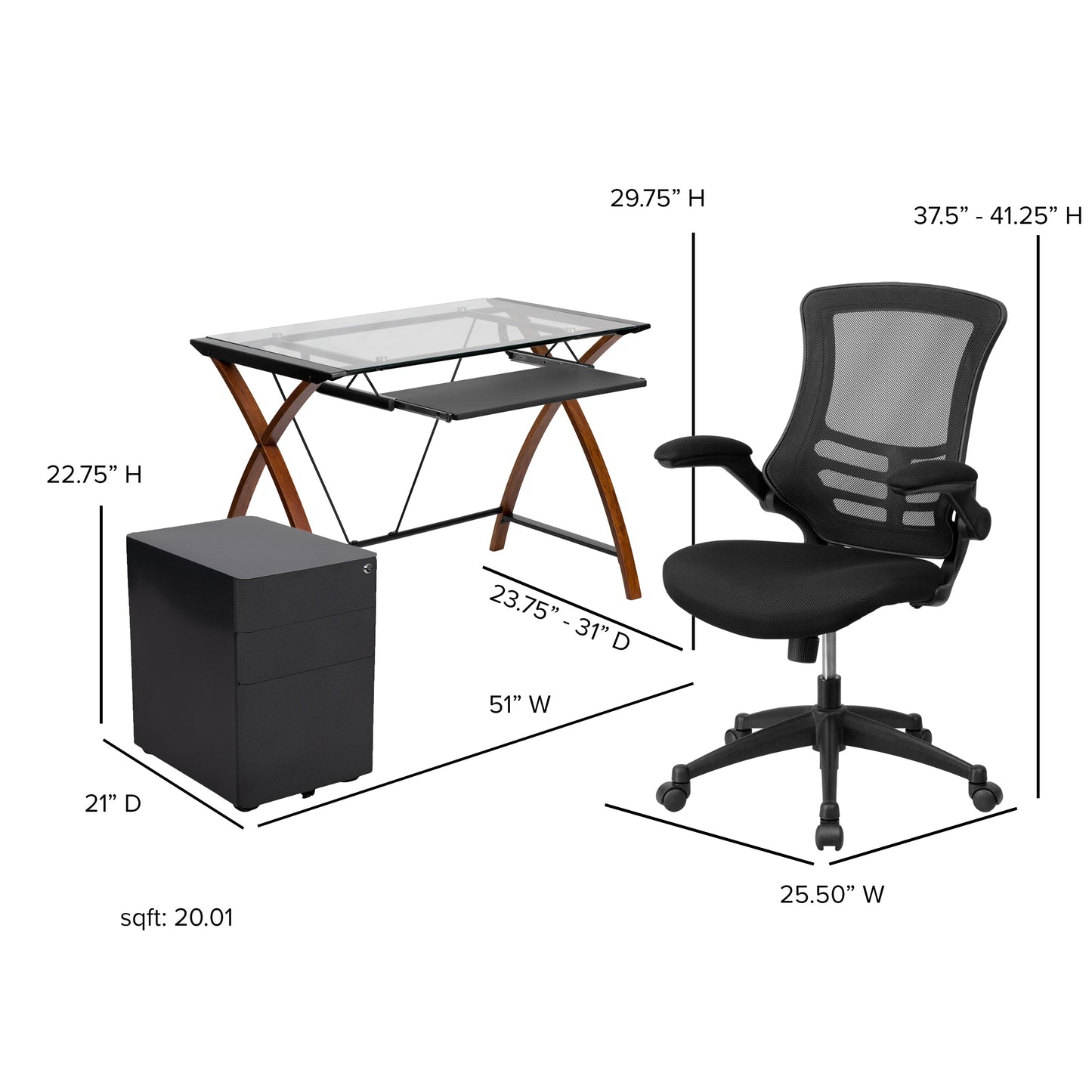 Black Desk, Chair, Cabinet Set BLN-NAN28CHPX5-BK-GG