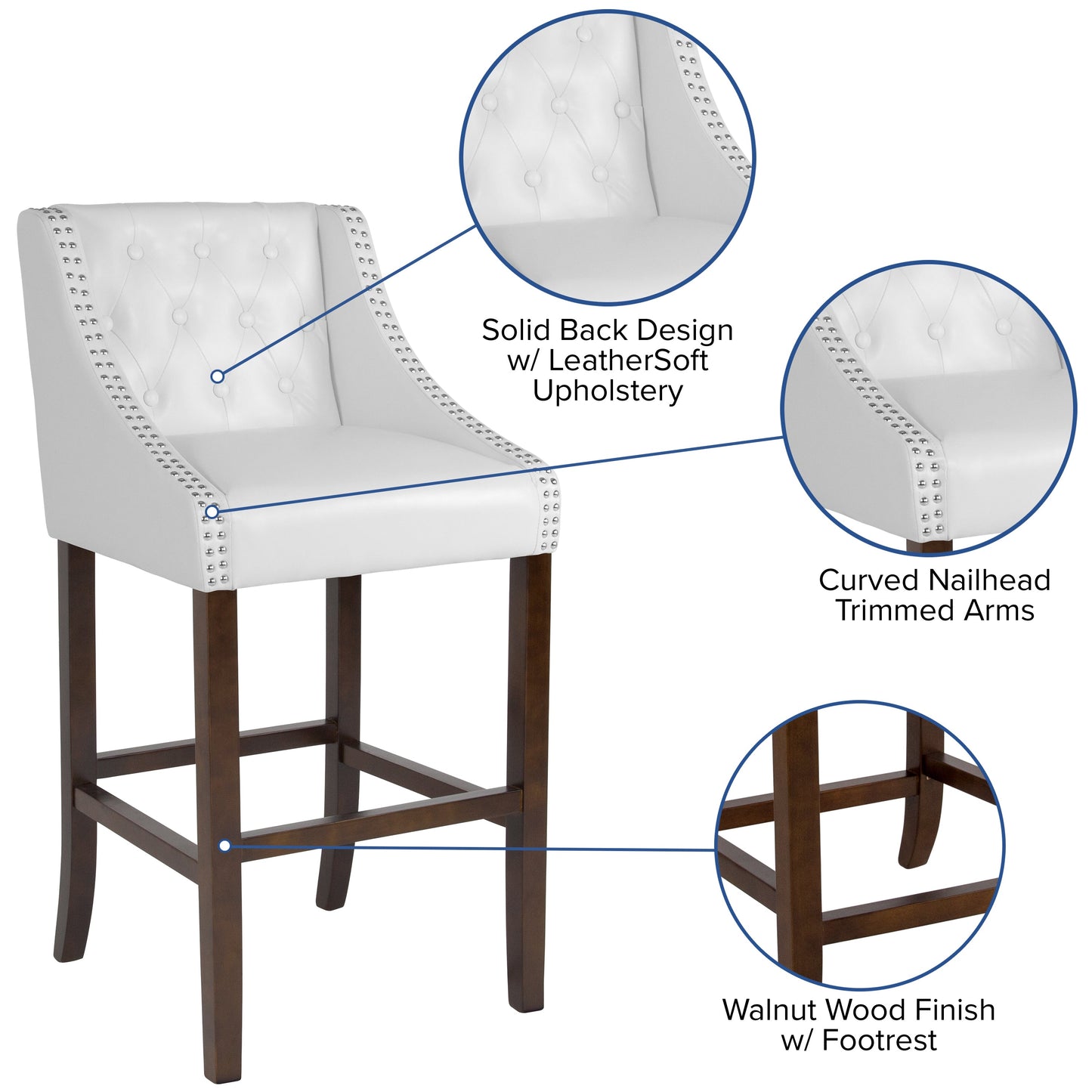 30" White Leather/Wood Stool CH-182020-T-30-WH-GG