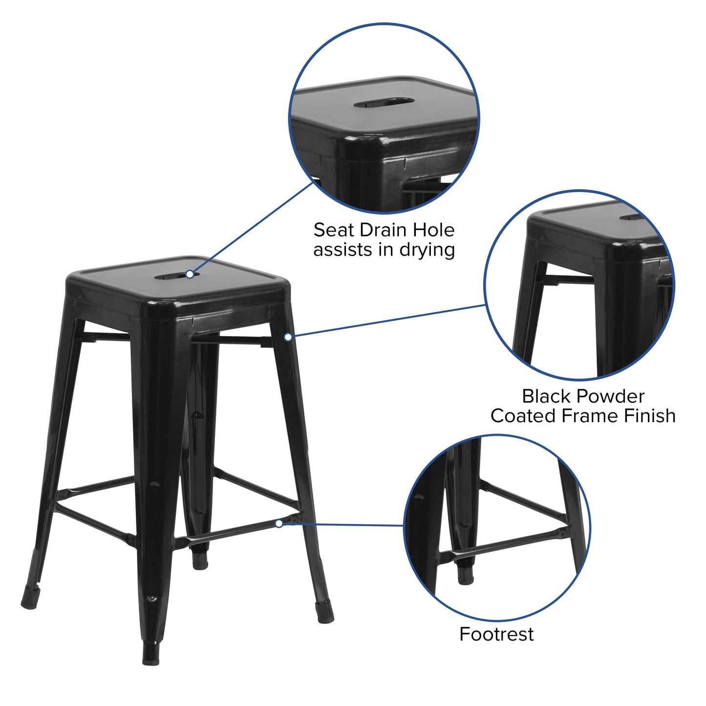 24" Black No Back Metal Stool CH-31320-24-BK-GG