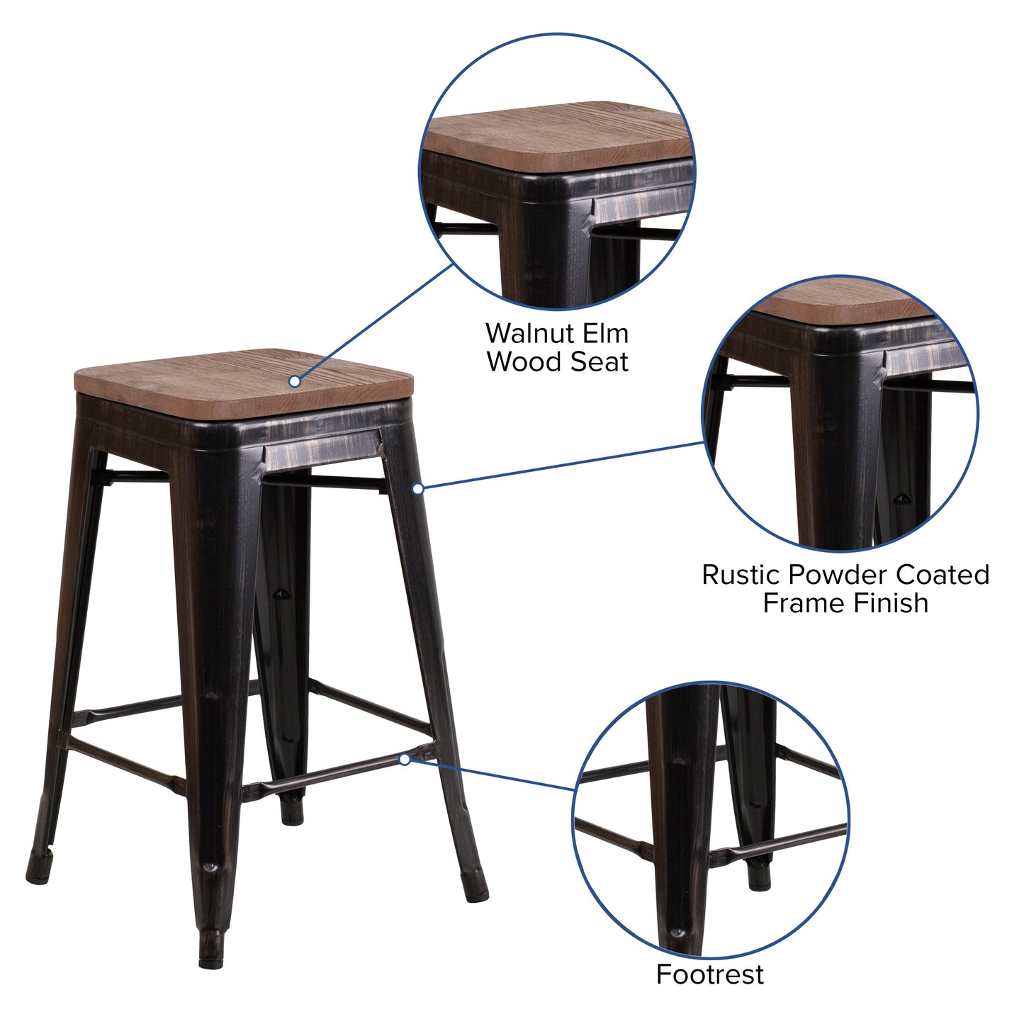 24" Aged Black NoBack Stool CH-31320-24-BQ-WD-GG