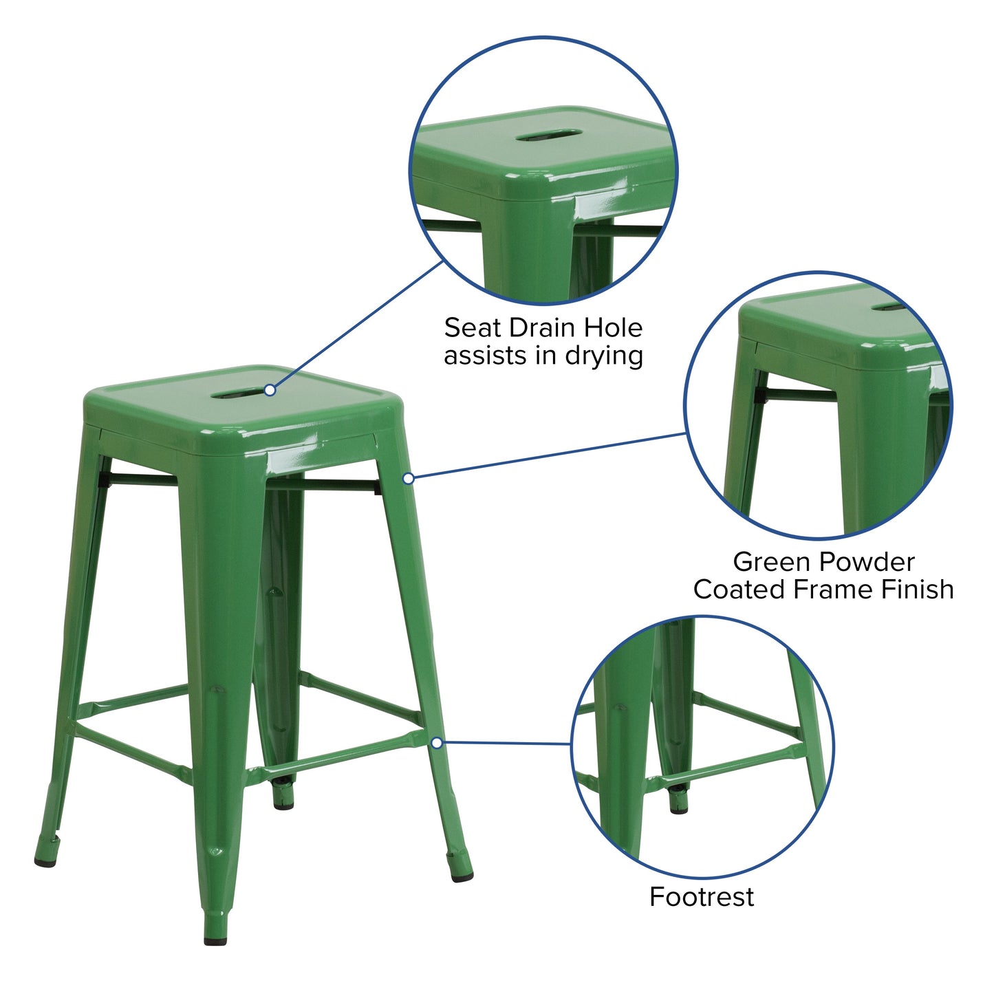 24" Green No Back Metal Stool CH-31320-24-GN-GG