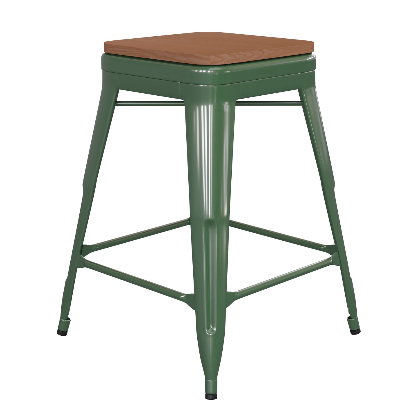 24" Green Stool-Teak Seat CH-31320-24-GN-PL2T-GG