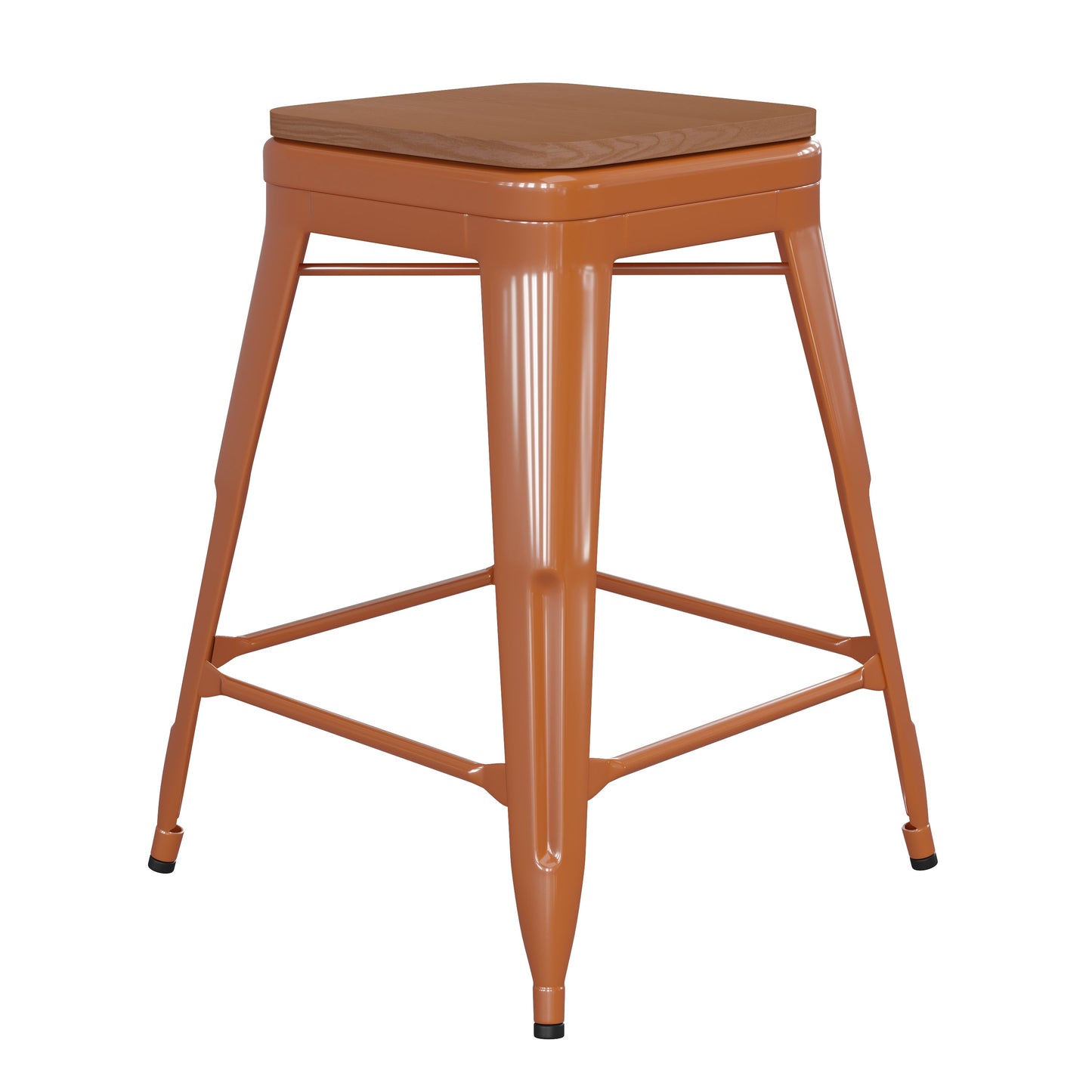 24" Orange Stool-Teak Seat CH-31320-24-OR-PL2T-GG