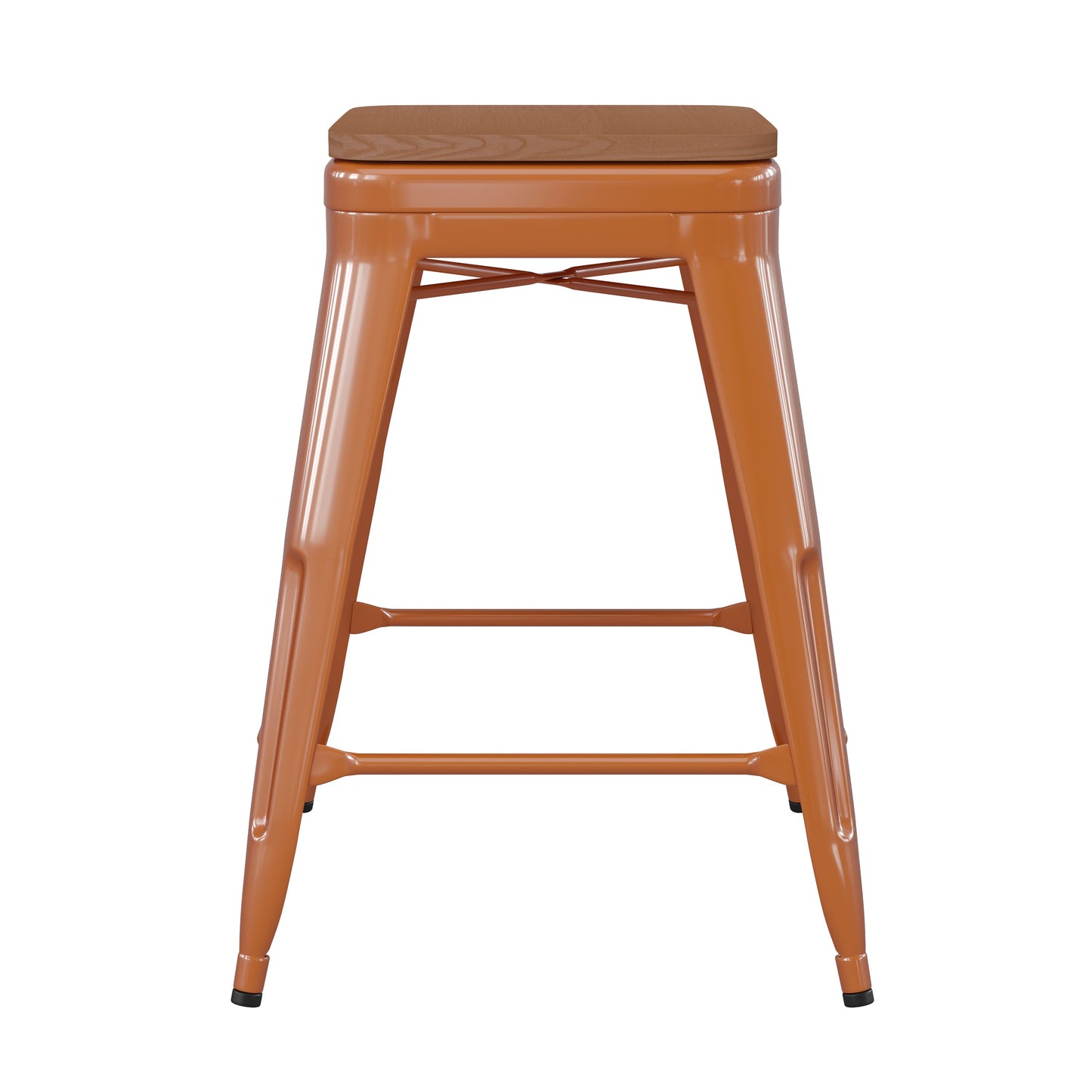 24" Orange Stool-Teak Seat CH-31320-24-OR-PL2T-GG