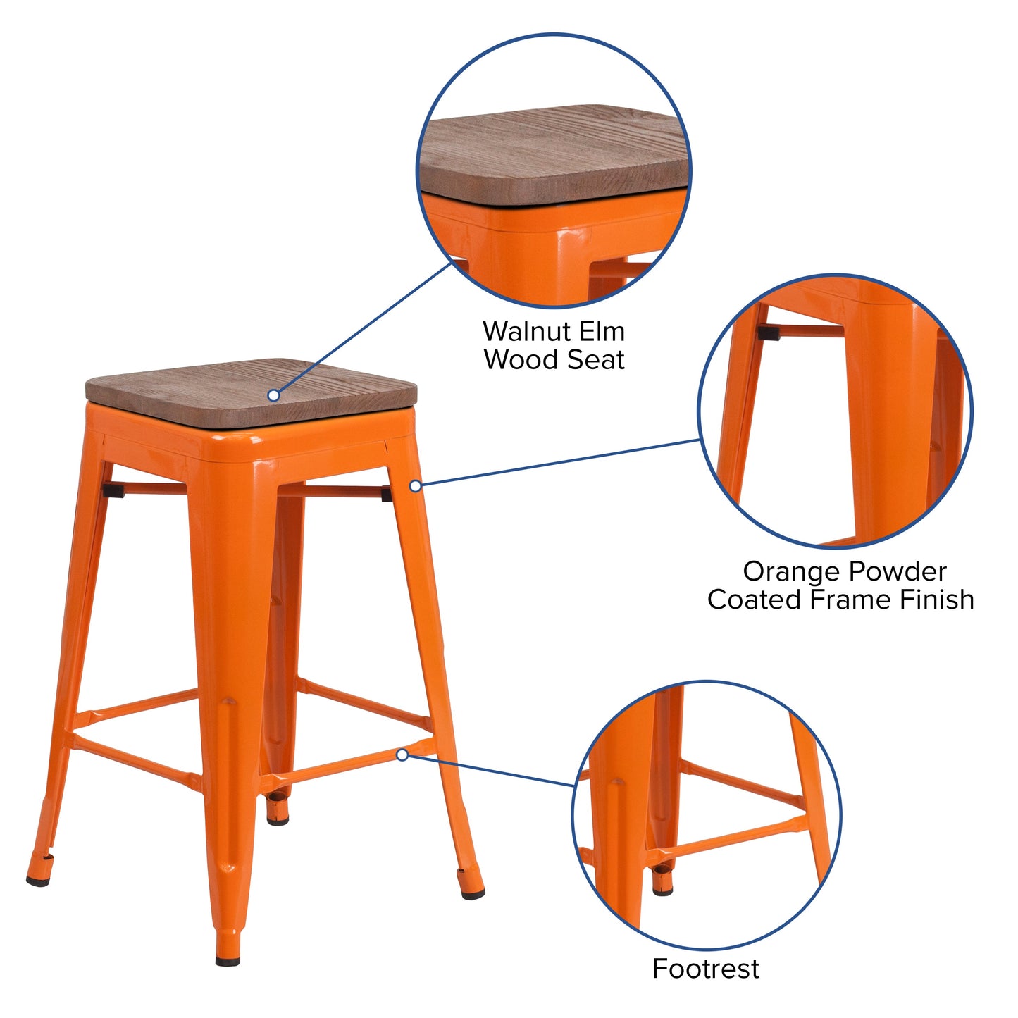 24" Orange Metal Counter Stool CH-31320-24-OR-WD-GG