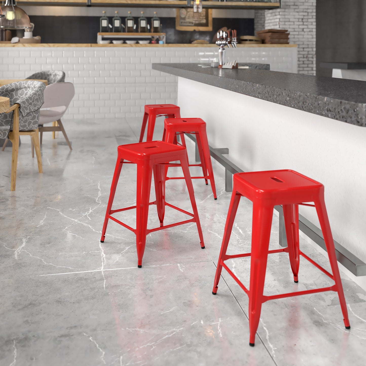 24" Red No Back Metal Stool CH-31320-24-RED-GG