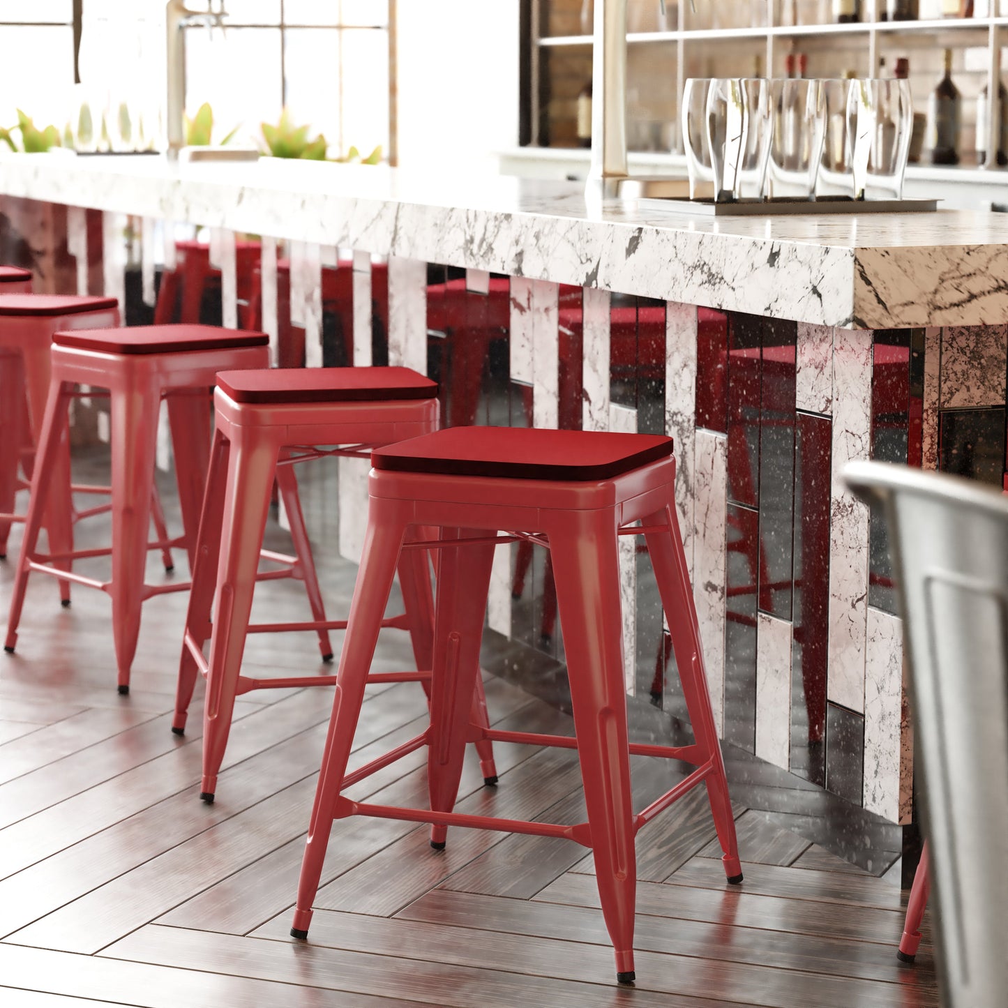 24" Red Stool-Red Seat CH-31320-24-RED-PL2R-GG