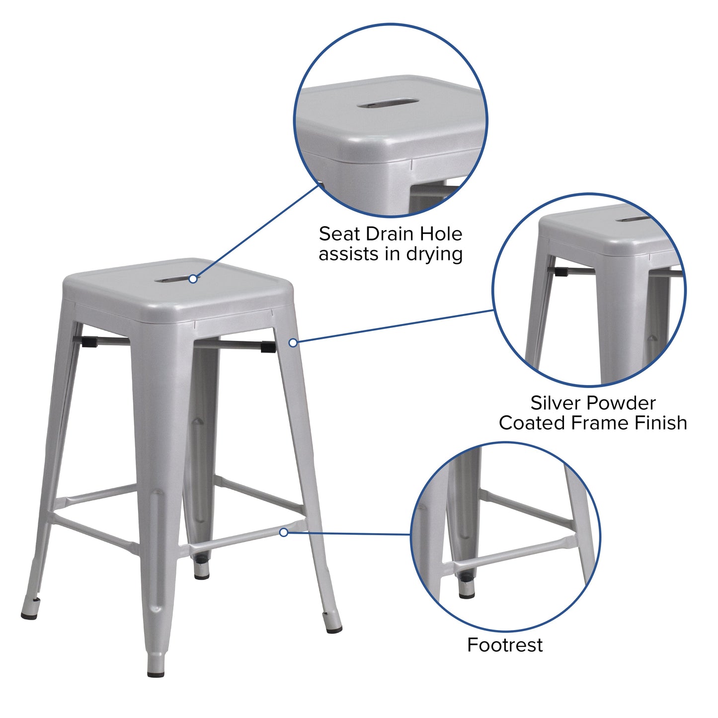 24" Silver No Back Metal Stool CH-31320-24-SIL-GG