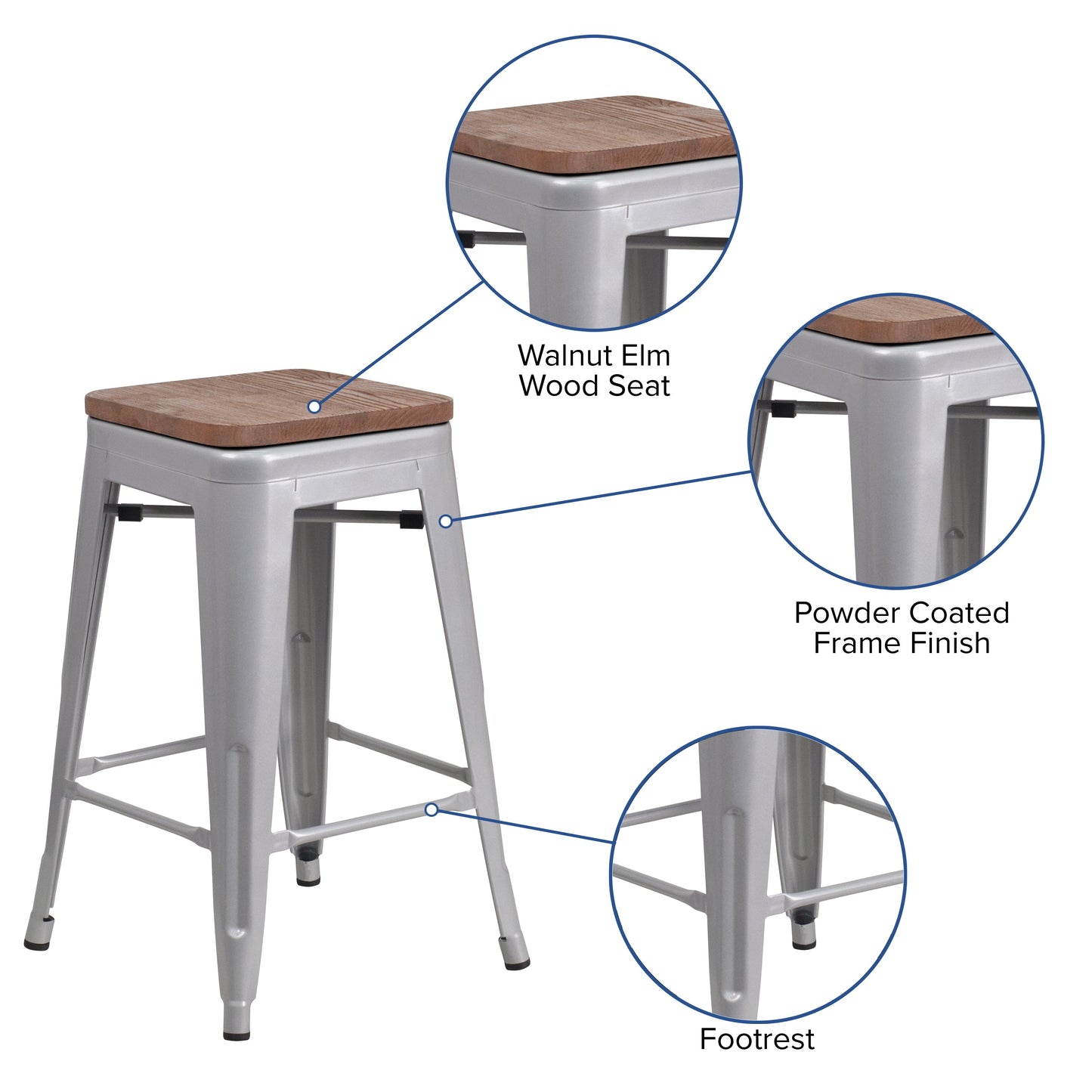 24" Silver Metal Counter Stool CH-31320-24-SIL-WD-GG