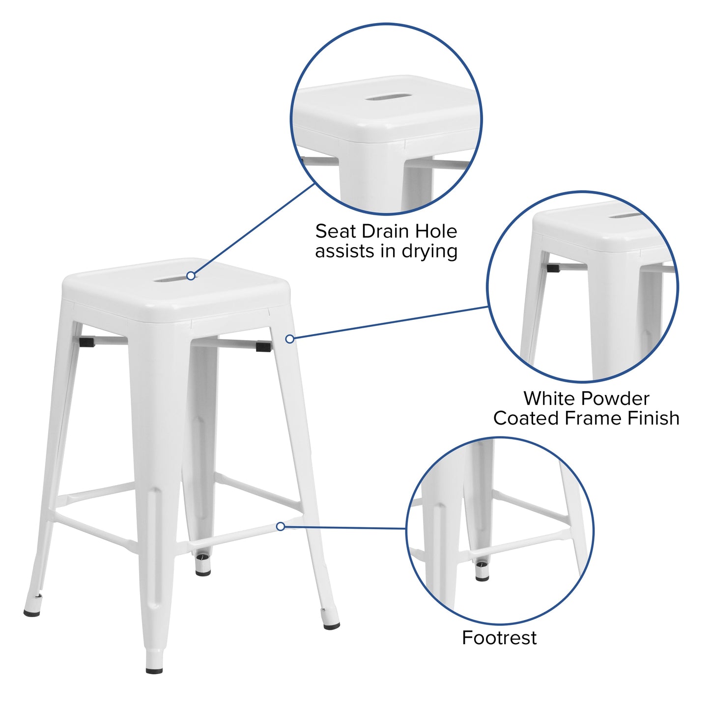 24" White No Back Metal Stool CH-31320-24-WH-GG