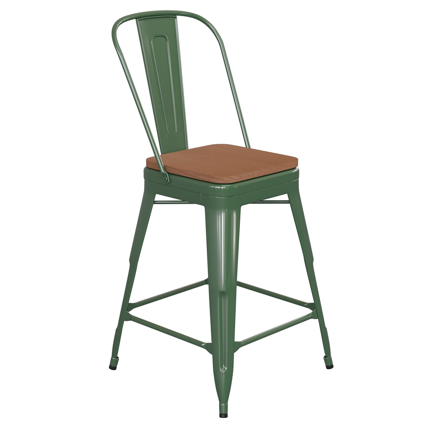 24" Green Stool-Teak Seat CH-31320-24GB-GN-PL2T-GG