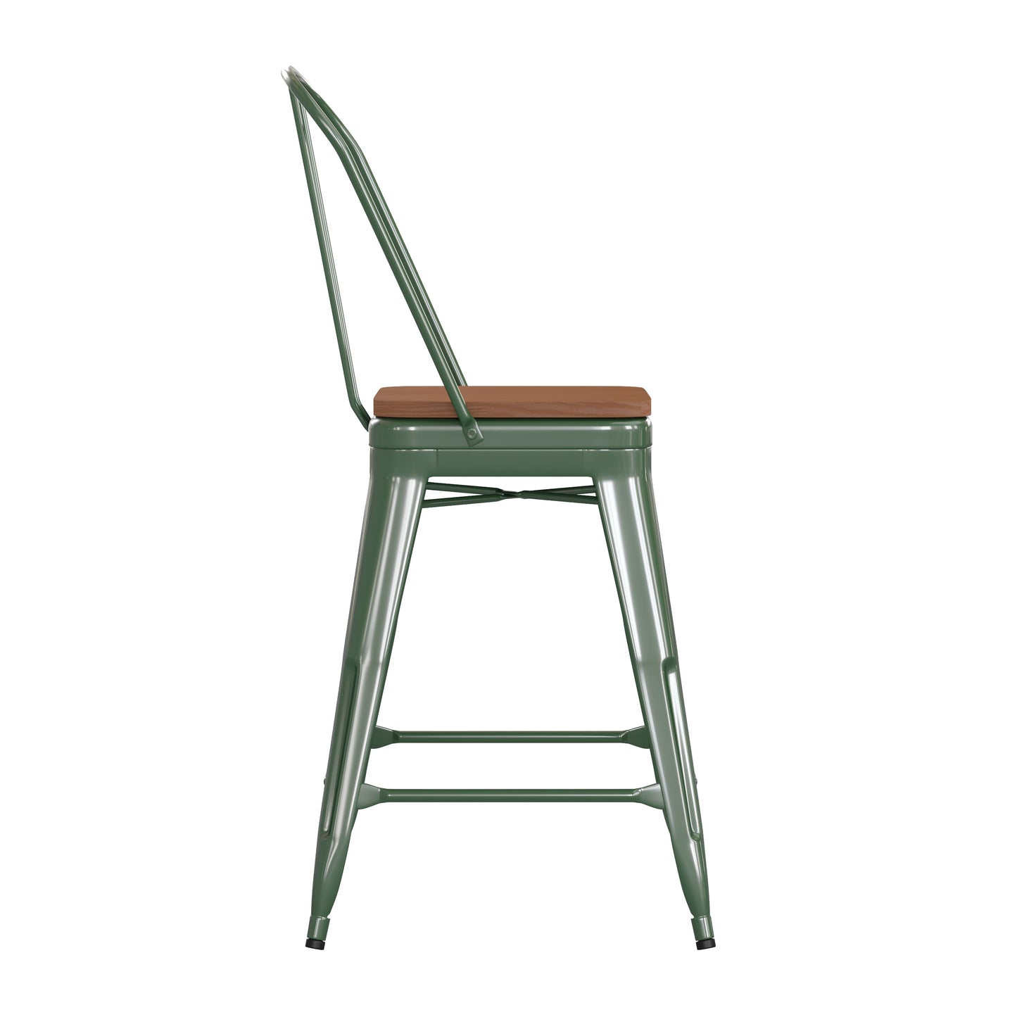 24" Green Stool-Teak Seat CH-31320-24GB-GN-PL2T-GG