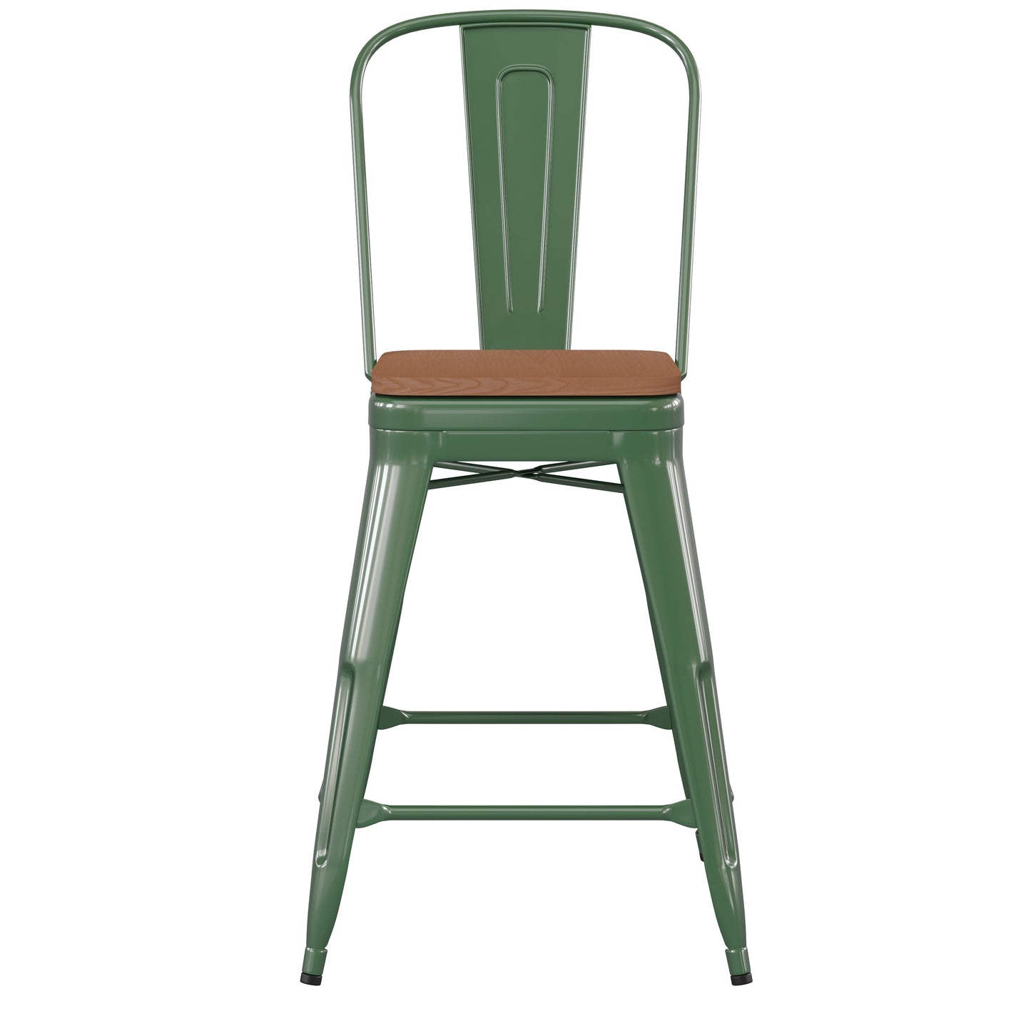 24" Green Stool-Teak Seat CH-31320-24GB-GN-PL2T-GG