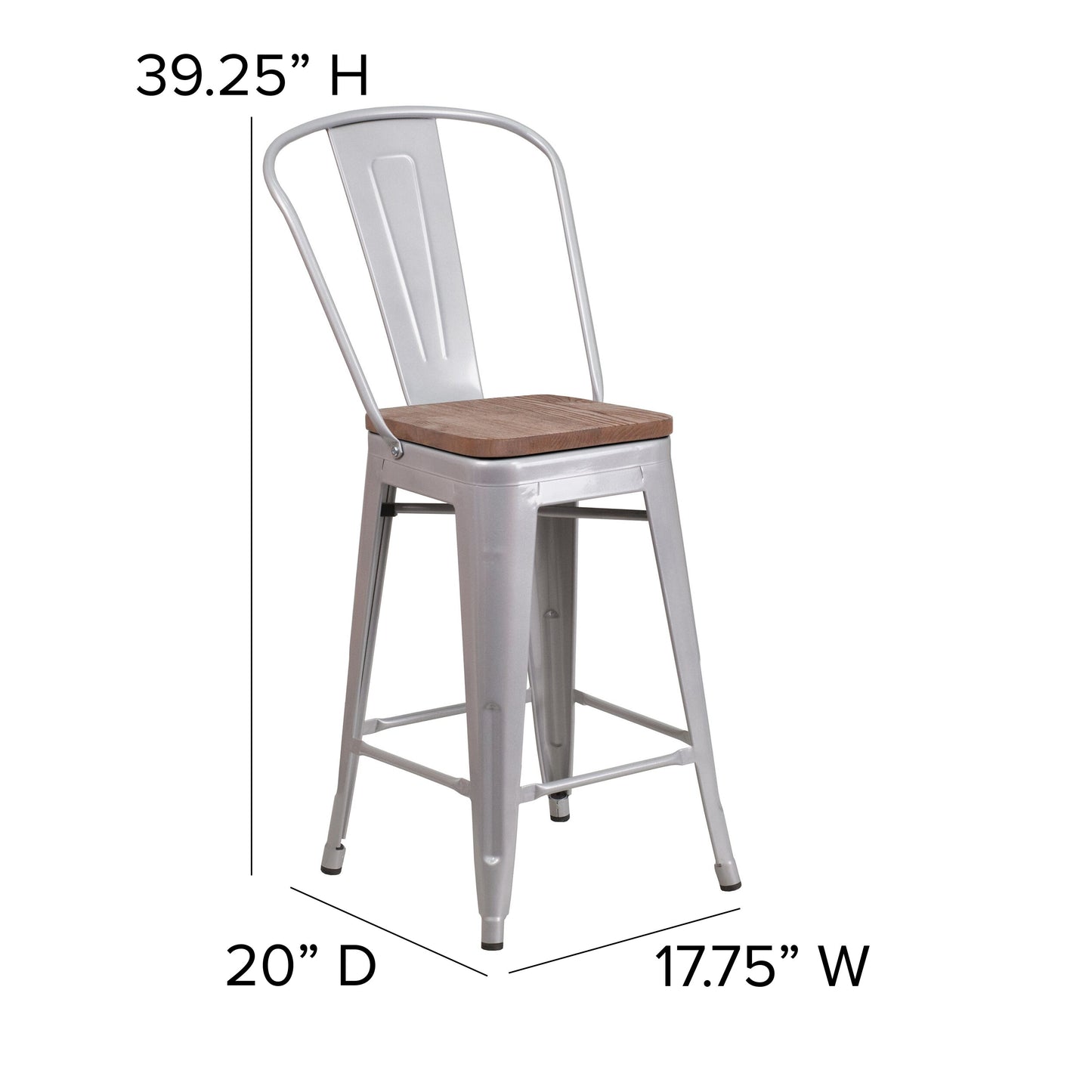 24" Silver Metal Counter Stool CH-31320-24GB-SIL-WD-GG