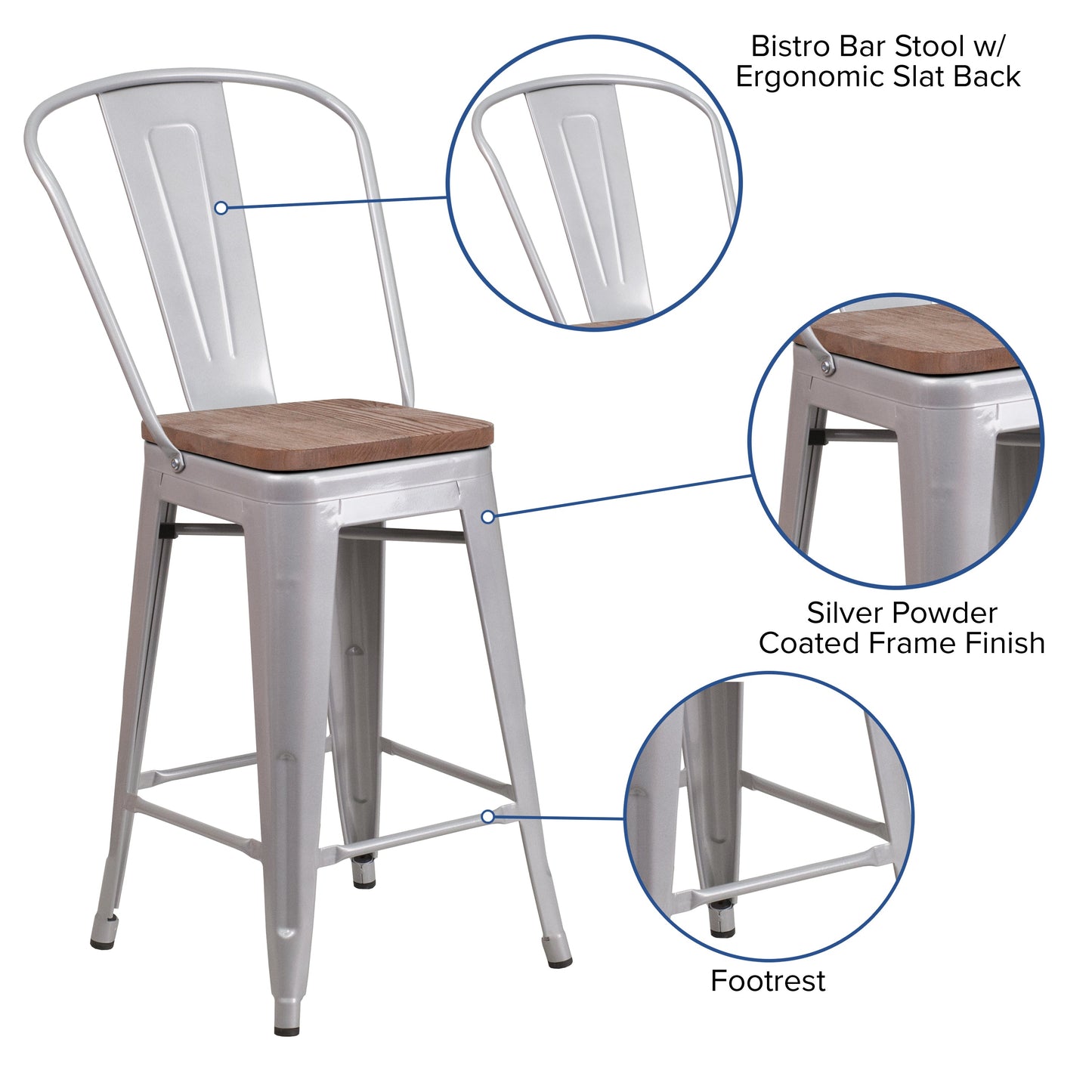 24" Silver Metal Counter Stool CH-31320-24GB-SIL-WD-GG