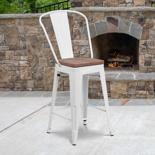 24" White Metal Counter Stool CH-31320-24GB-WH-WD-GG