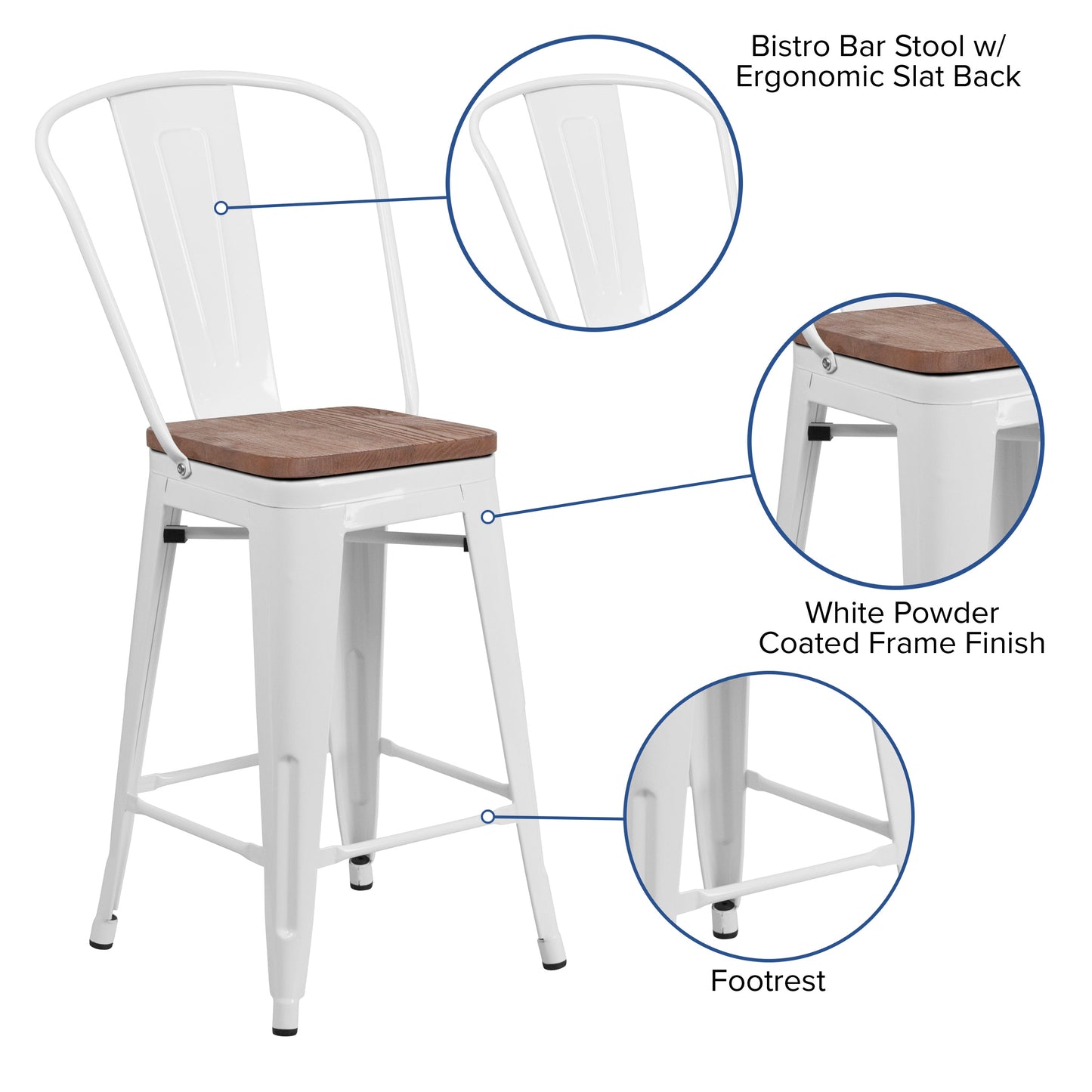 24" White Metal Counter Stool CH-31320-24GB-WH-WD-GG