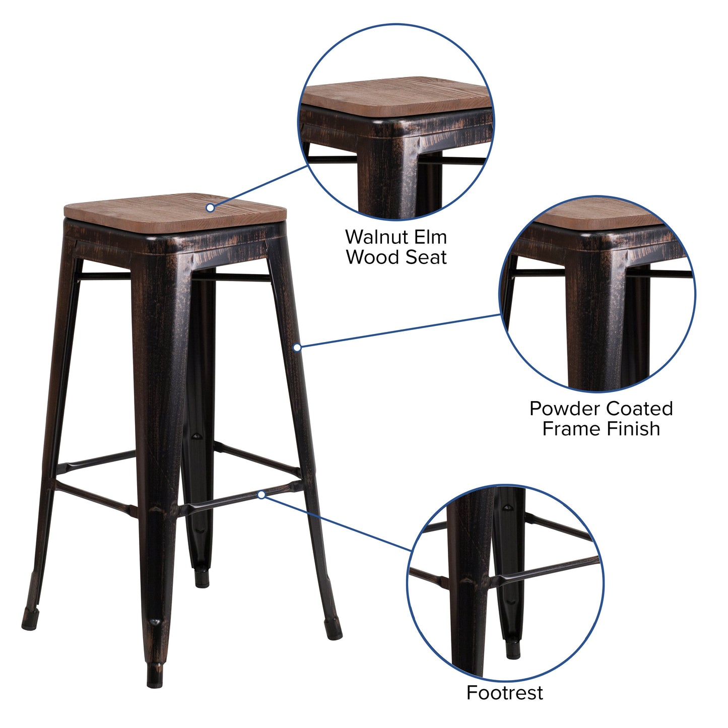 30" Aged Black NoBack Stool CH-31320-30-BQ-WD-GG