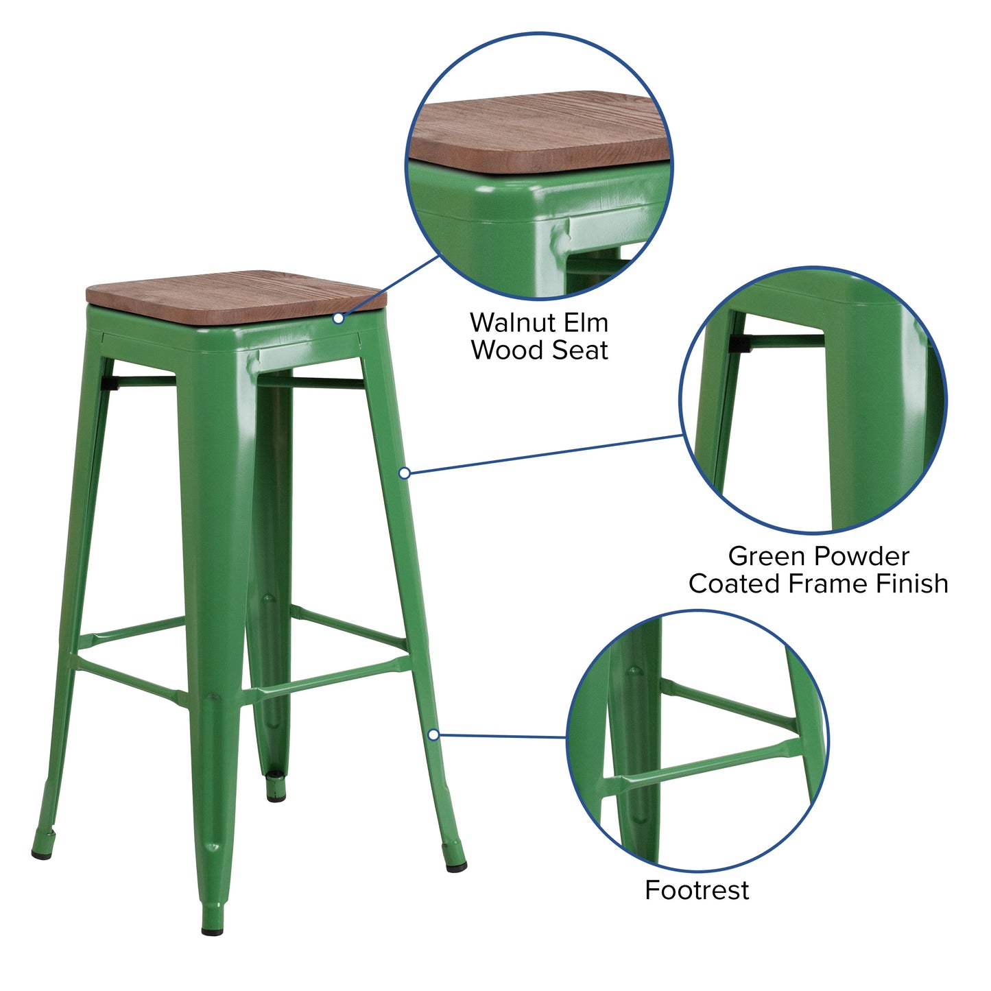 30" Green Metal Barstool CH-31320-30-GN-WD-GG