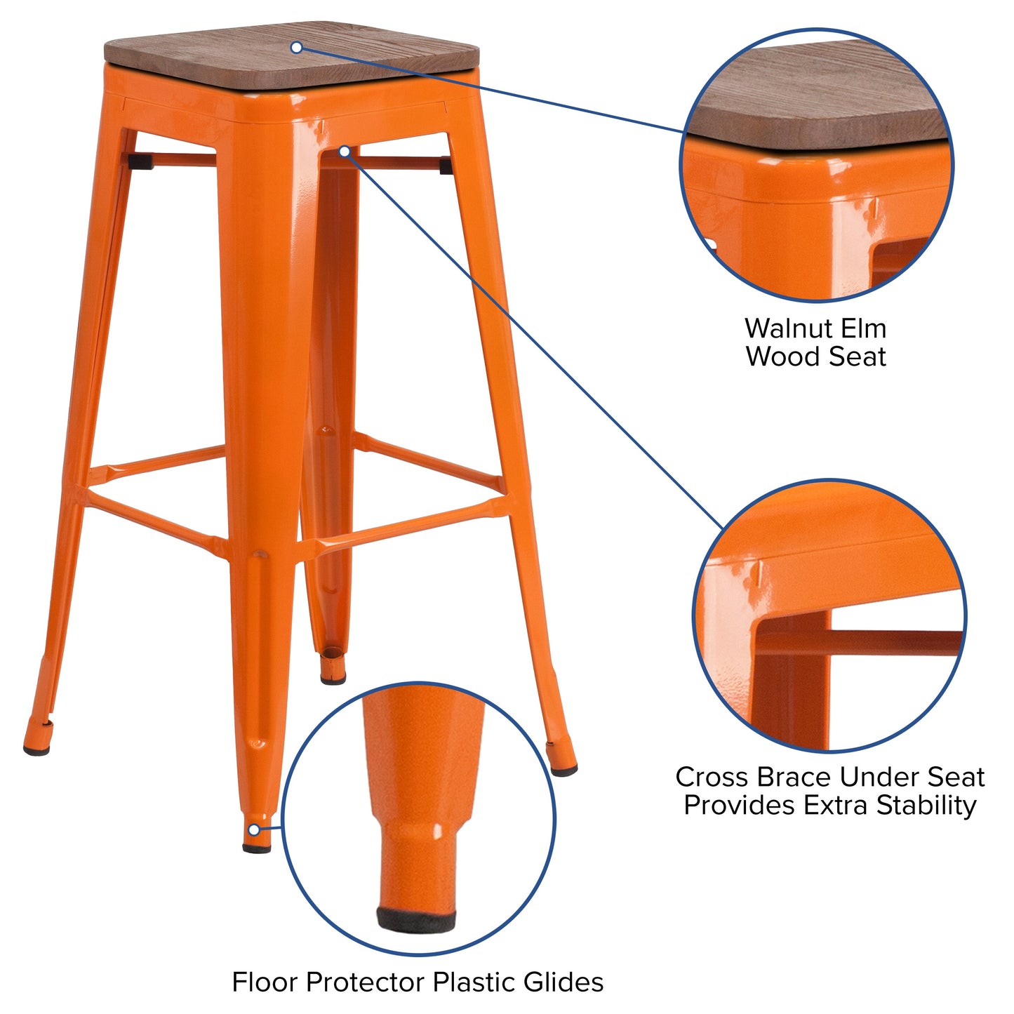 30" Orange Metal Barstool CH-31320-30-OR-WD-GG