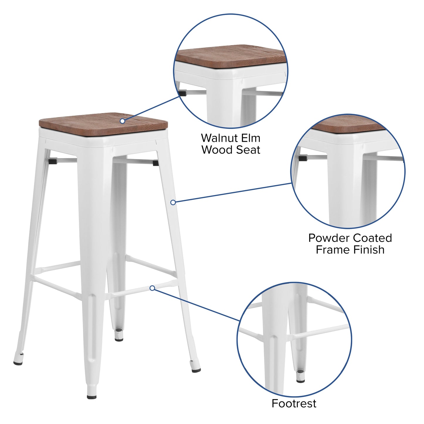 30" White Metal Barstool CH-31320-30-WH-WD-GG