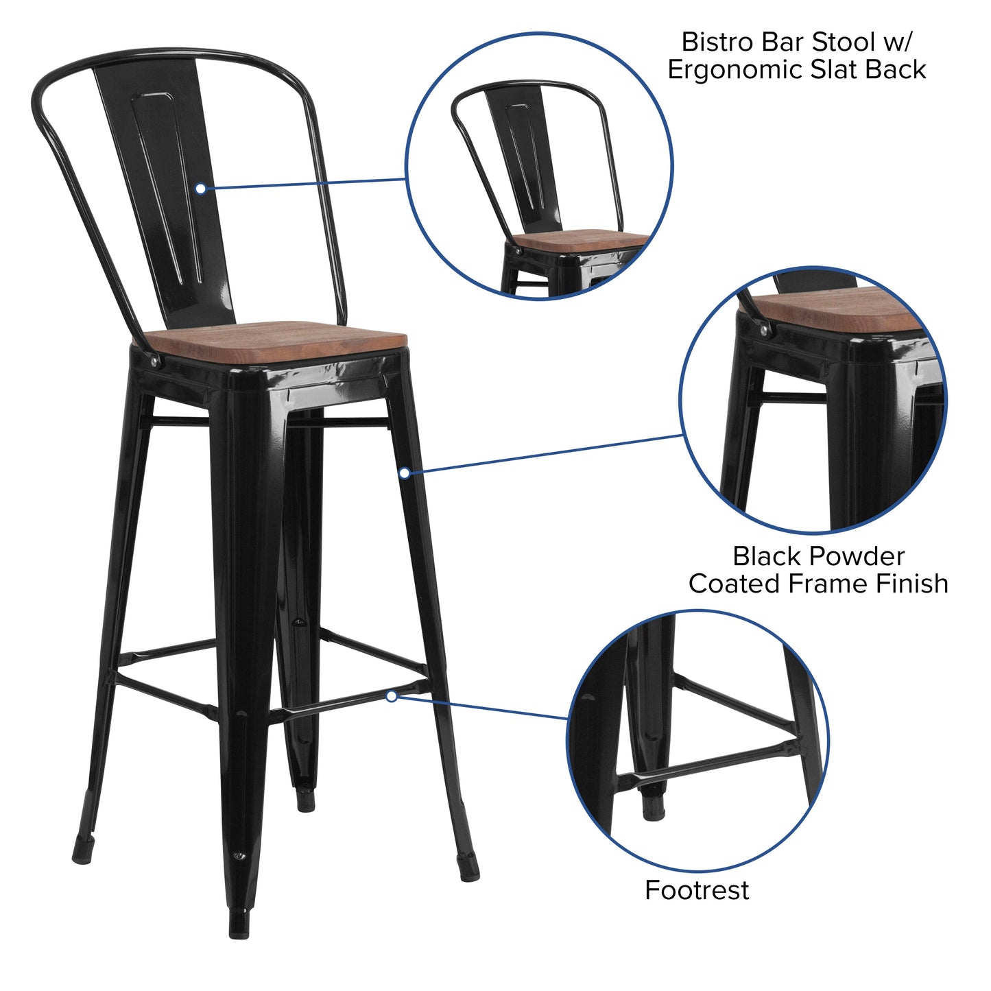 30" Black Metal Barstool CH-31320-30GB-BK-WD-GG