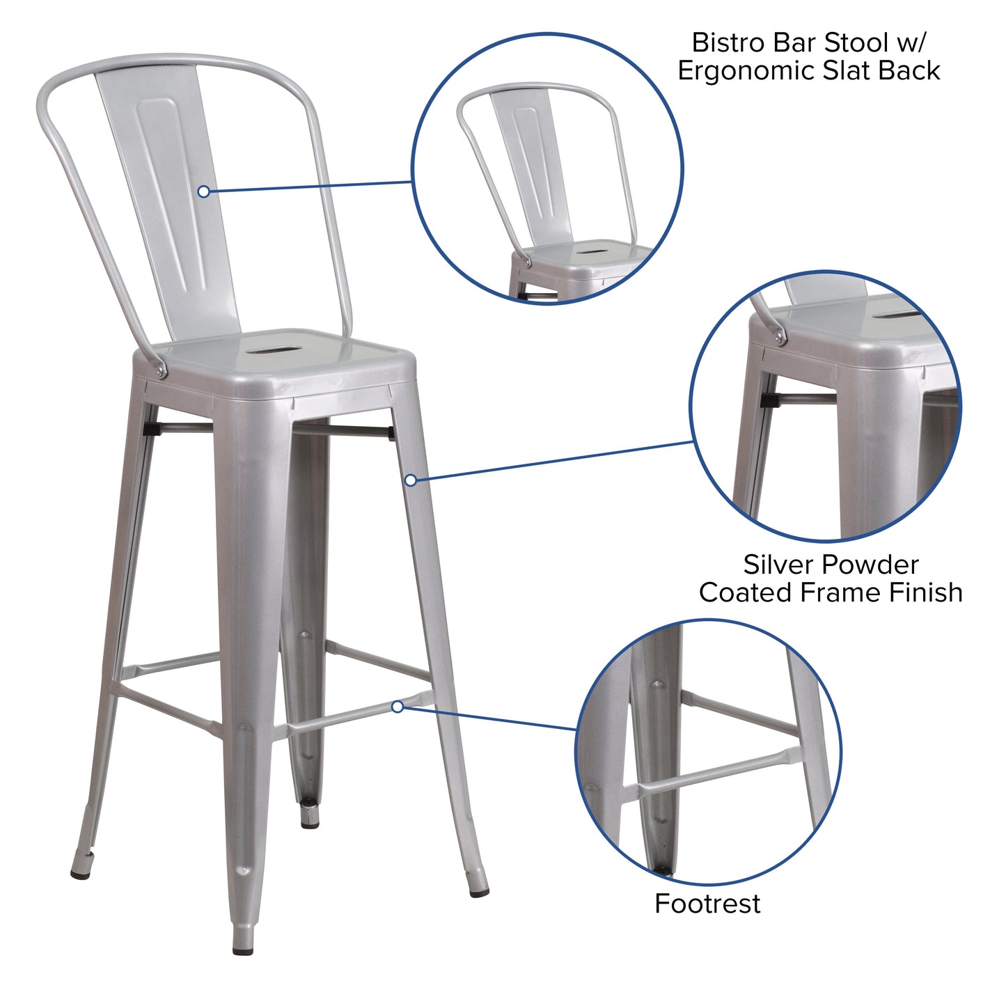 30" Silver Metal Outdoor Stool CH-31320-30GB-SIL-GG