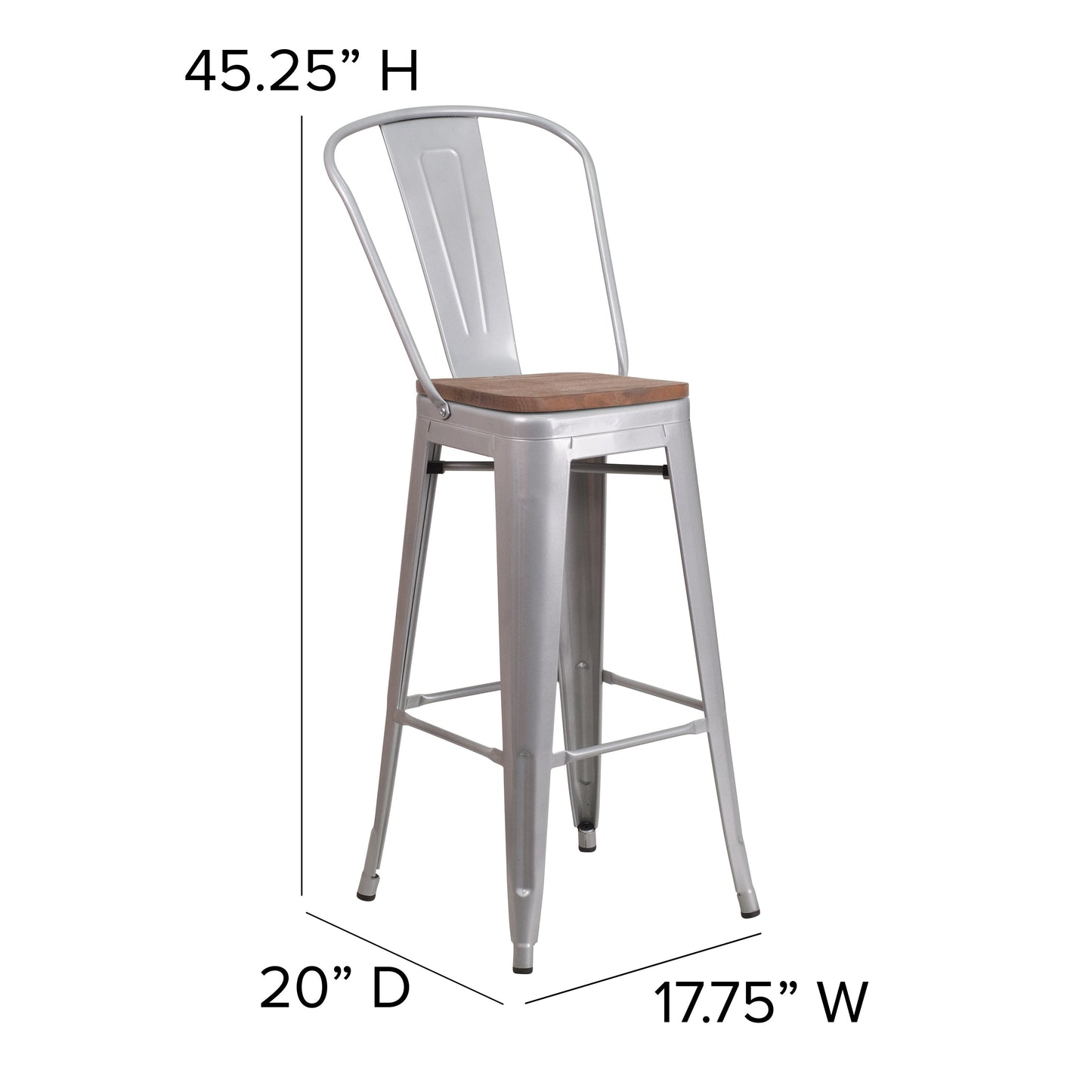 30" Silver Metal Barstool CH-31320-30GB-SIL-WD-GG