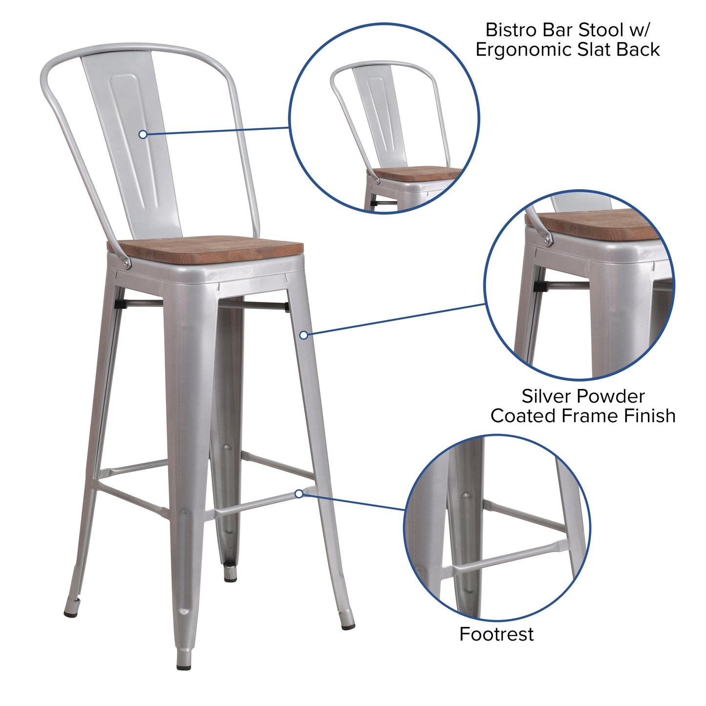 30" Silver Metal Barstool CH-31320-30GB-SIL-WD-GG