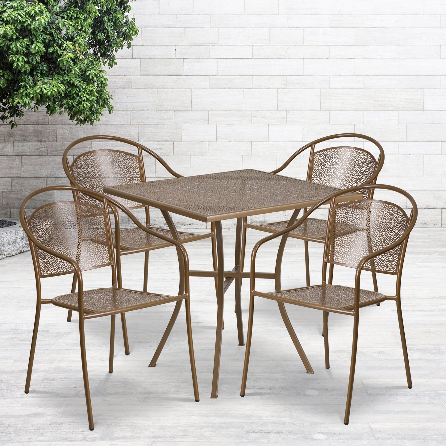 28SQ Gold Patio Table Set CO-28SQ-03CHR4-GD-GG