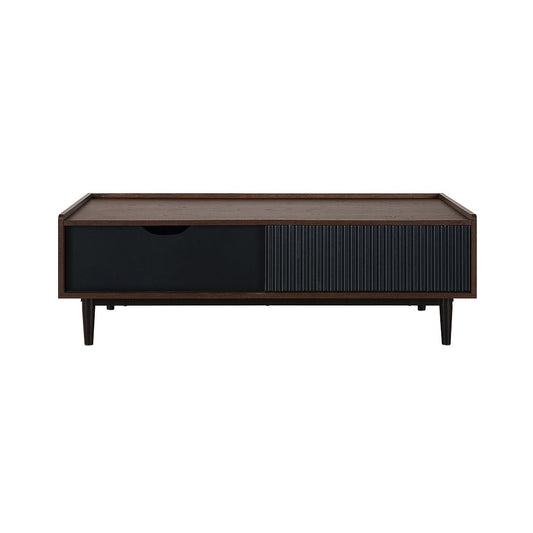 Manhattan Comfort Duane Modern Ribbed Coffee Table with Drawer and Shelf in Dark Brown and Black