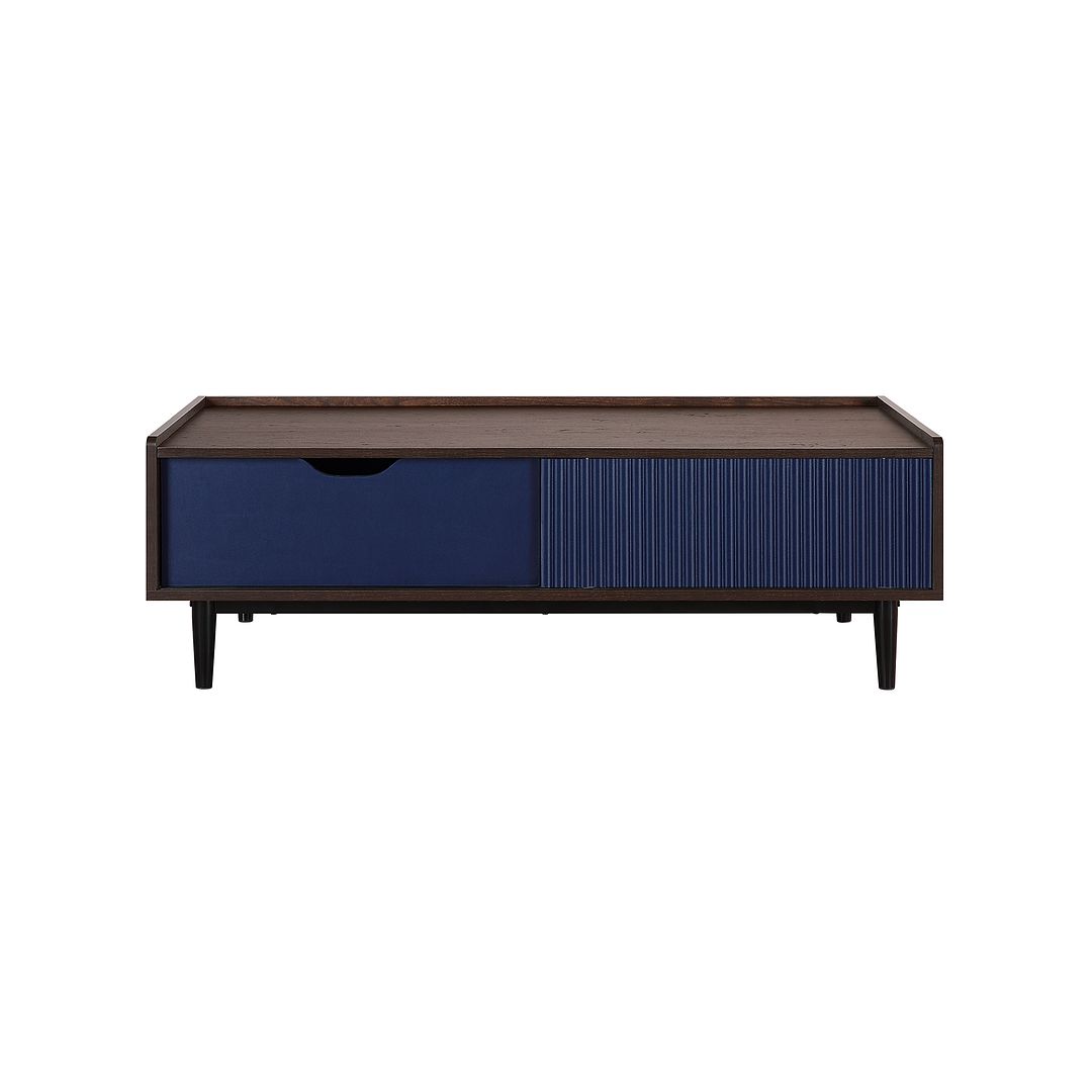 Manhattan Comfort Duane Modern Ribbed Coffee Table with Drawer and Shelf in Dark Brown and Navy Blue