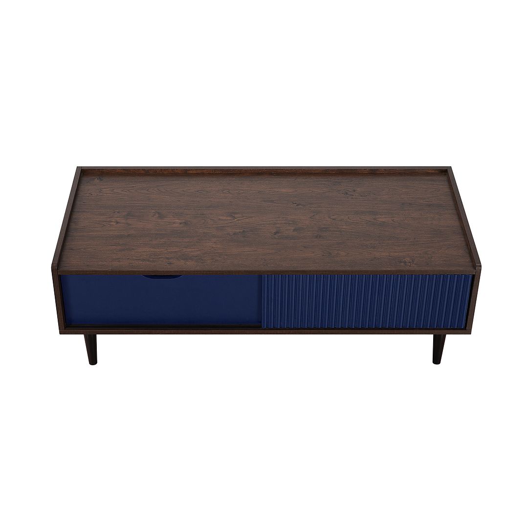 Manhattan Comfort Duane Modern Ribbed Coffee Table with Drawer and Shelf in Dark Brown and Navy Blue