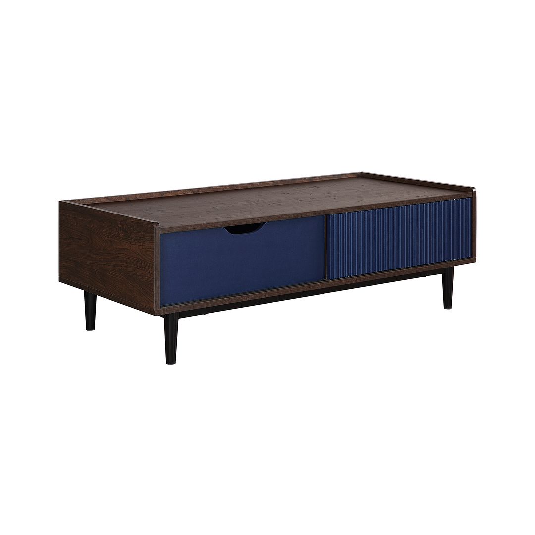 Manhattan Comfort Duane Modern Ribbed Coffee Table with Drawer and Shelf in Dark Brown and Navy Blue